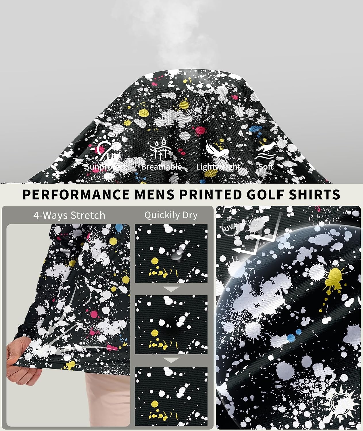 image:imageZITY Mens Long Sleeve Golf Shirts Print Polo Shirts UPF 50 Sun ShirtsBlack Digital Print