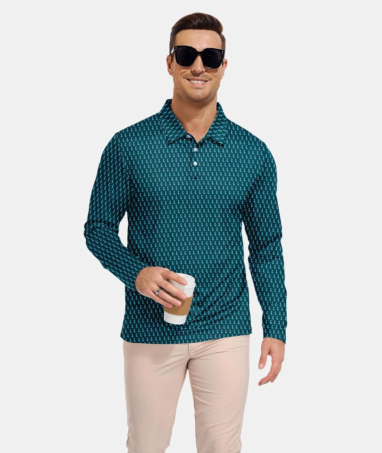 image:imageZITY Mens Long Sleeve Golf Shirts Print Polo Shirts UPF 50 Sun ShirtsBlue Green Seahorse