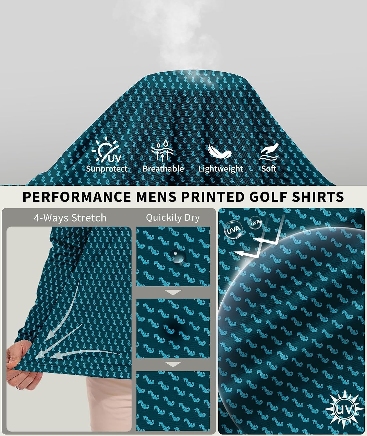 image:imageZITY Mens Long Sleeve Golf Shirts Print Polo Shirts UPF 50 Sun ShirtsBlue Green Seahorse