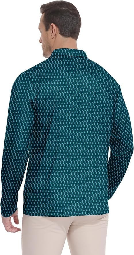image:imageZITY Mens Long Sleeve Golf Shirts Print Polo Shirts UPF 50 Sun ShirtsBlue Green Seahorse
