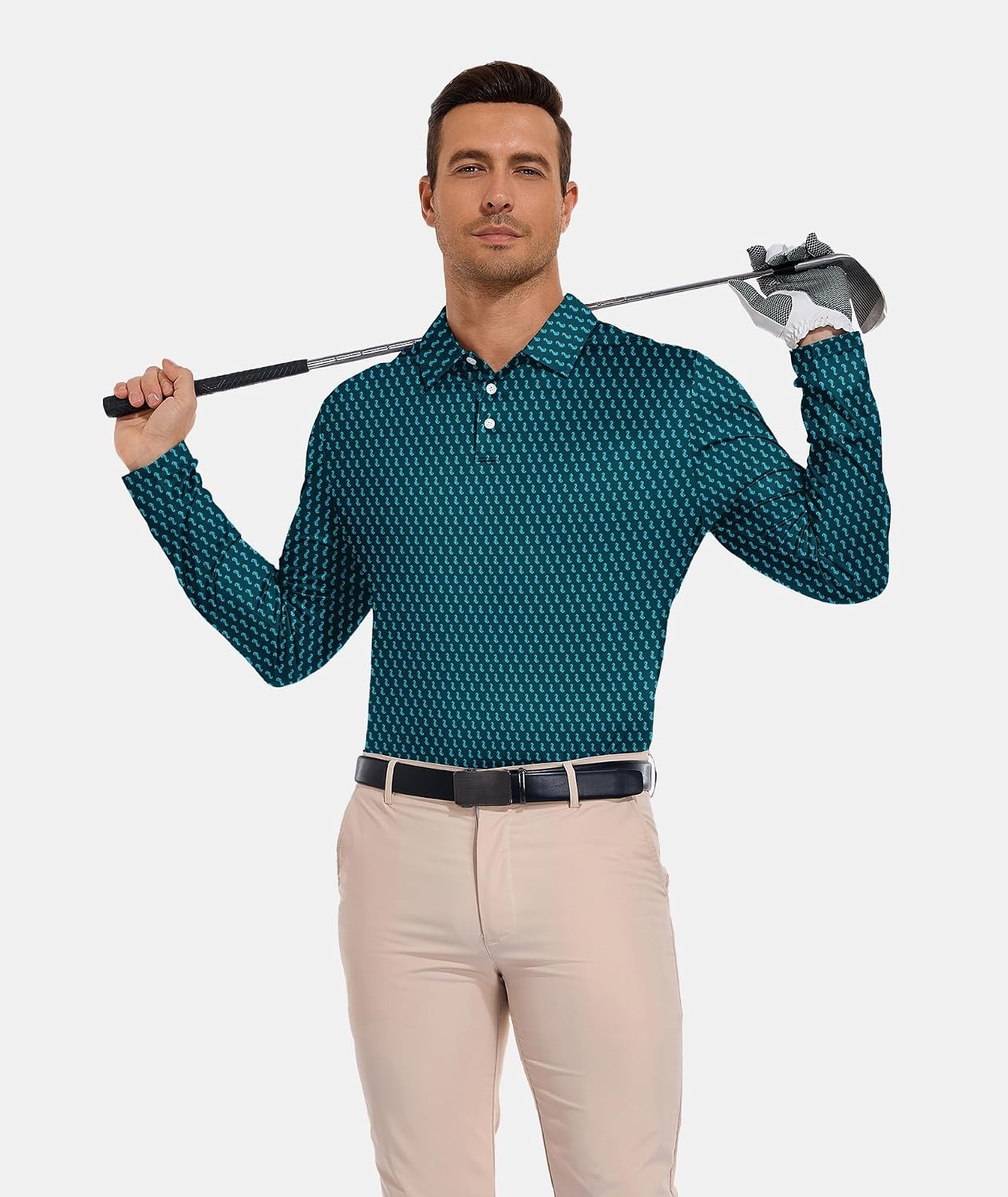 image:imageZITY Mens Long Sleeve Golf Shirts Print Polo Shirts UPF 50 Sun ShirtsBlue Green Seahorse
