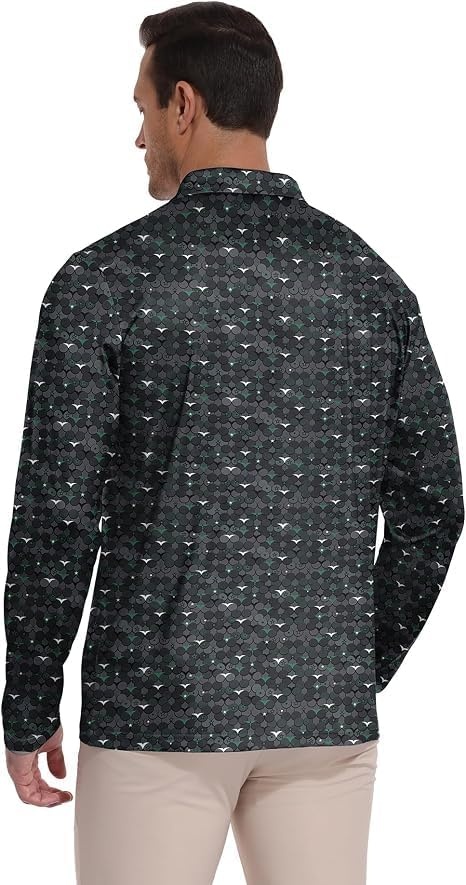 image:imageZITY Mens Long Sleeve Golf Shirts Print Polo Shirts UPF 50 Sun ShirtsDark Green Snakeskin