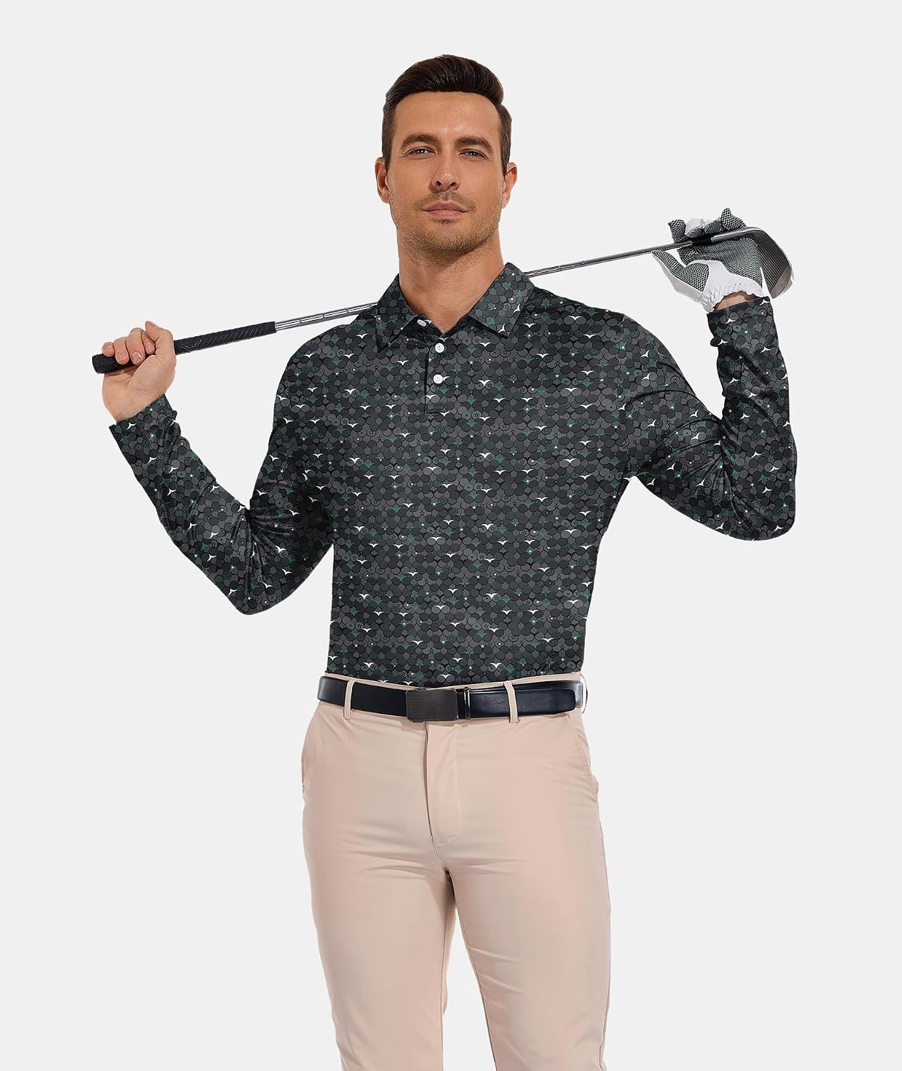 image:imageZITY Mens Long Sleeve Golf Shirts Print Polo Shirts UPF 50 Sun ShirtsDark Green Snakeskin