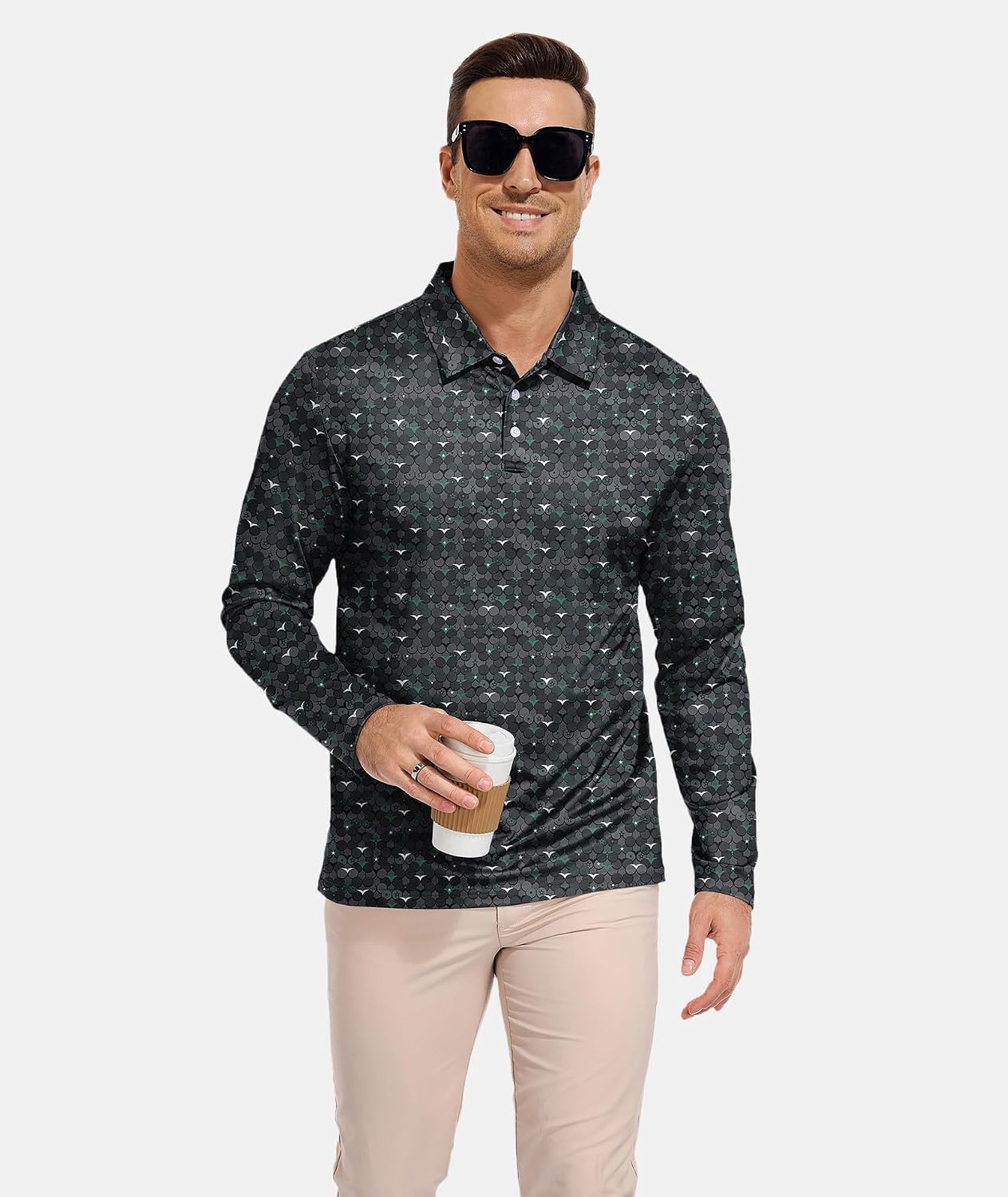 image:imageZITY Mens Long Sleeve Golf Shirts Print Polo Shirts UPF 50 Sun ShirtsDark Green Snakeskin