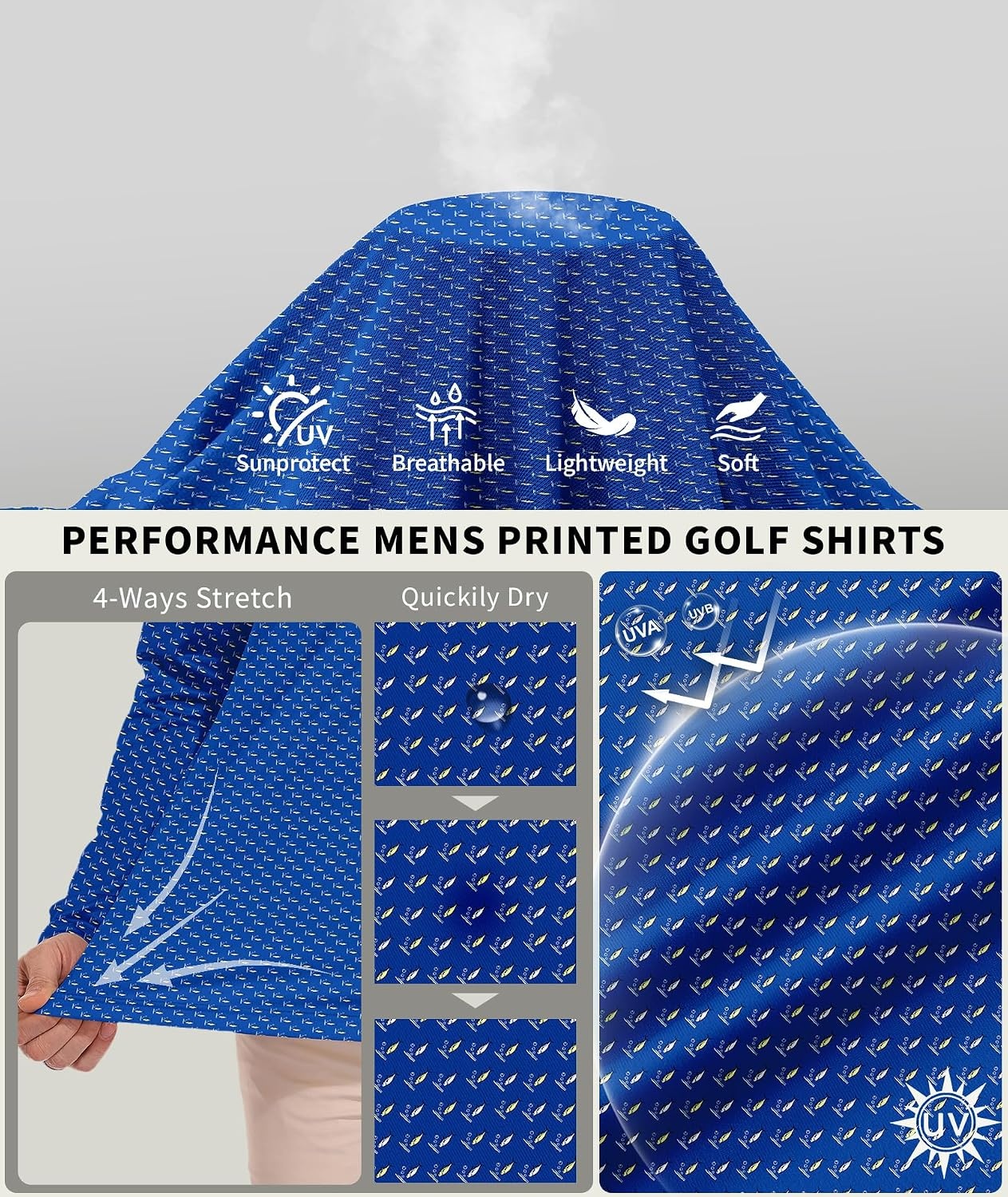 image:imageZITY Mens Long Sleeve Golf Shirts Print Polo Shirts UPF 50 Sun ShirtsDeep Sea Blue Fish