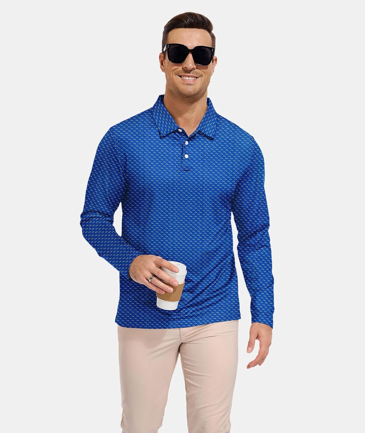 image:imageZITY Mens Long Sleeve Golf Shirts Print Polo Shirts UPF 50 Sun ShirtsDeep Sea Blue Fish
