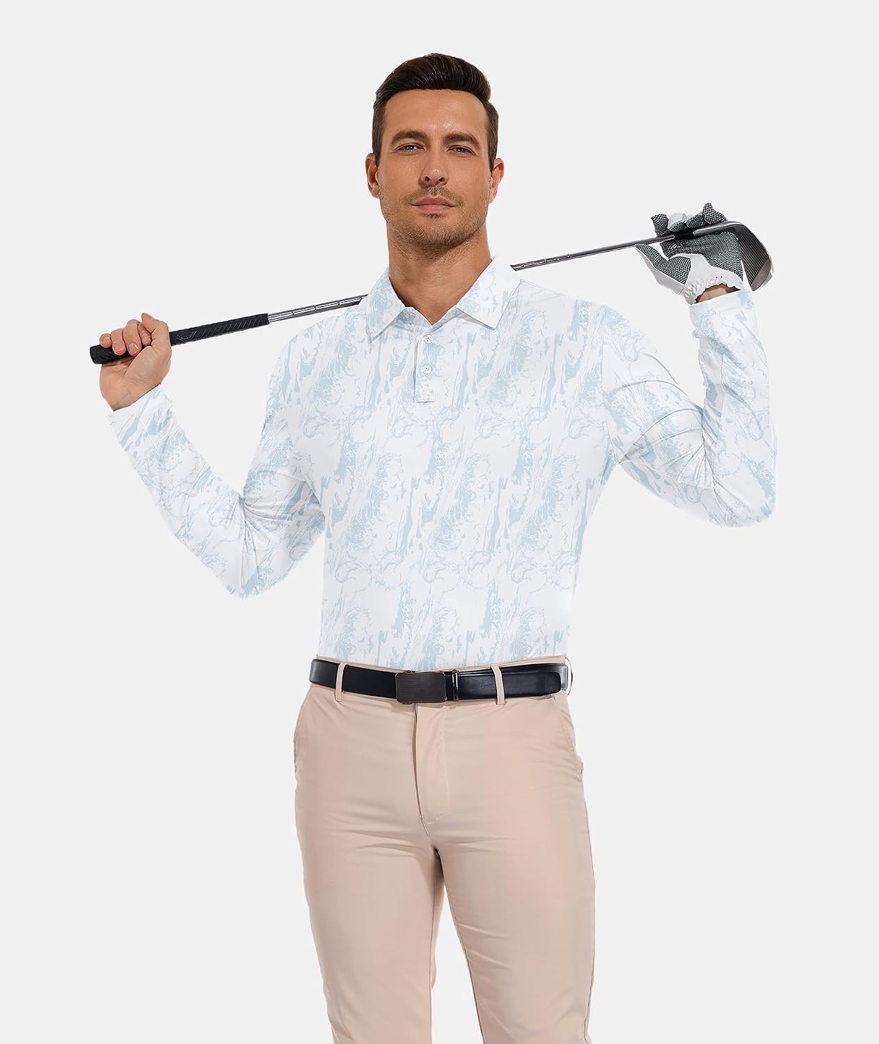 image:imageZITY Mens Long Sleeve Golf Shirts Print Polo Shirts UPF 50 Sun ShirtsGrayish White Ripples