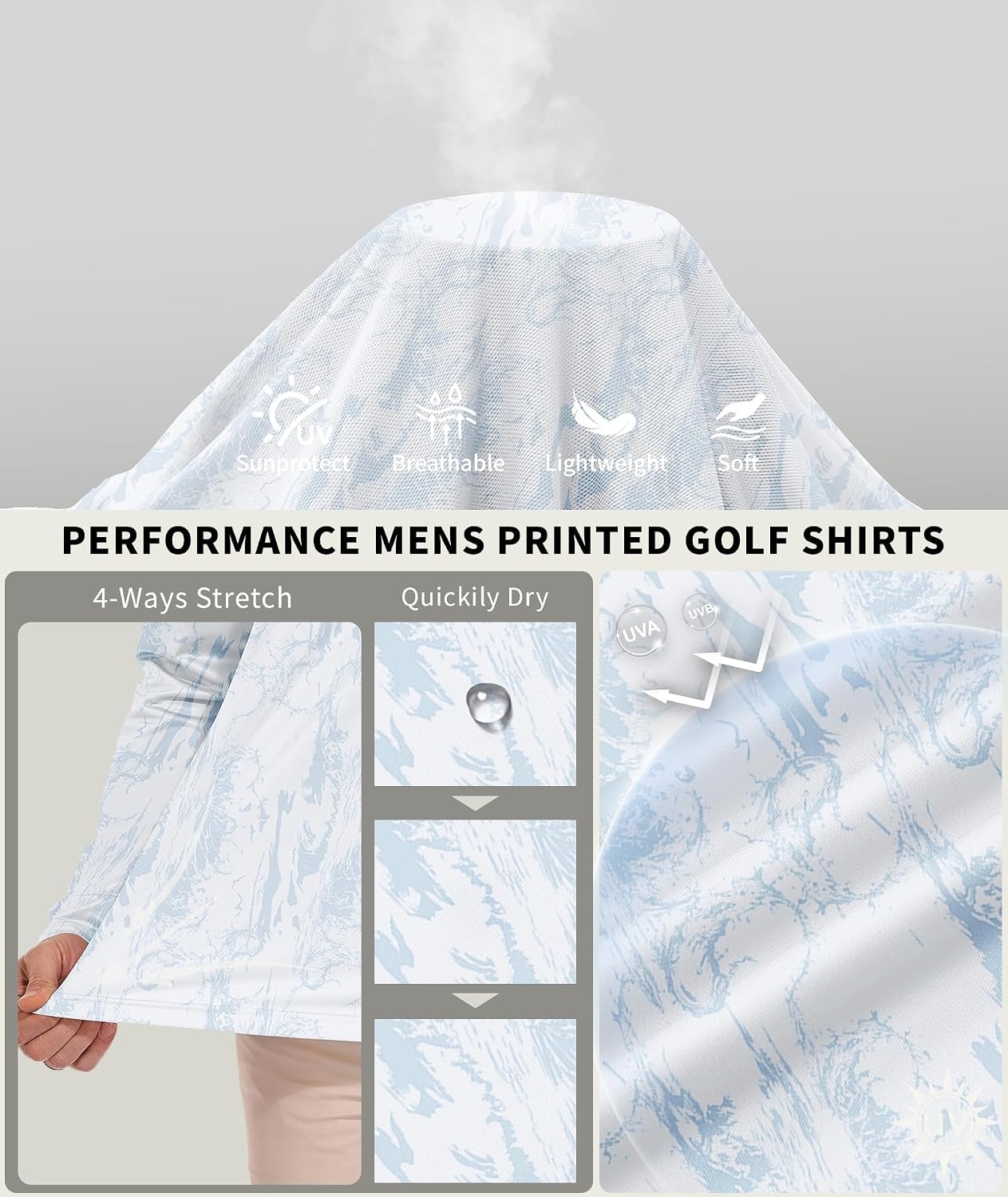 image:imageZITY Mens Long Sleeve Golf Shirts Print Polo Shirts UPF 50 Sun ShirtsGrayish White Ripples