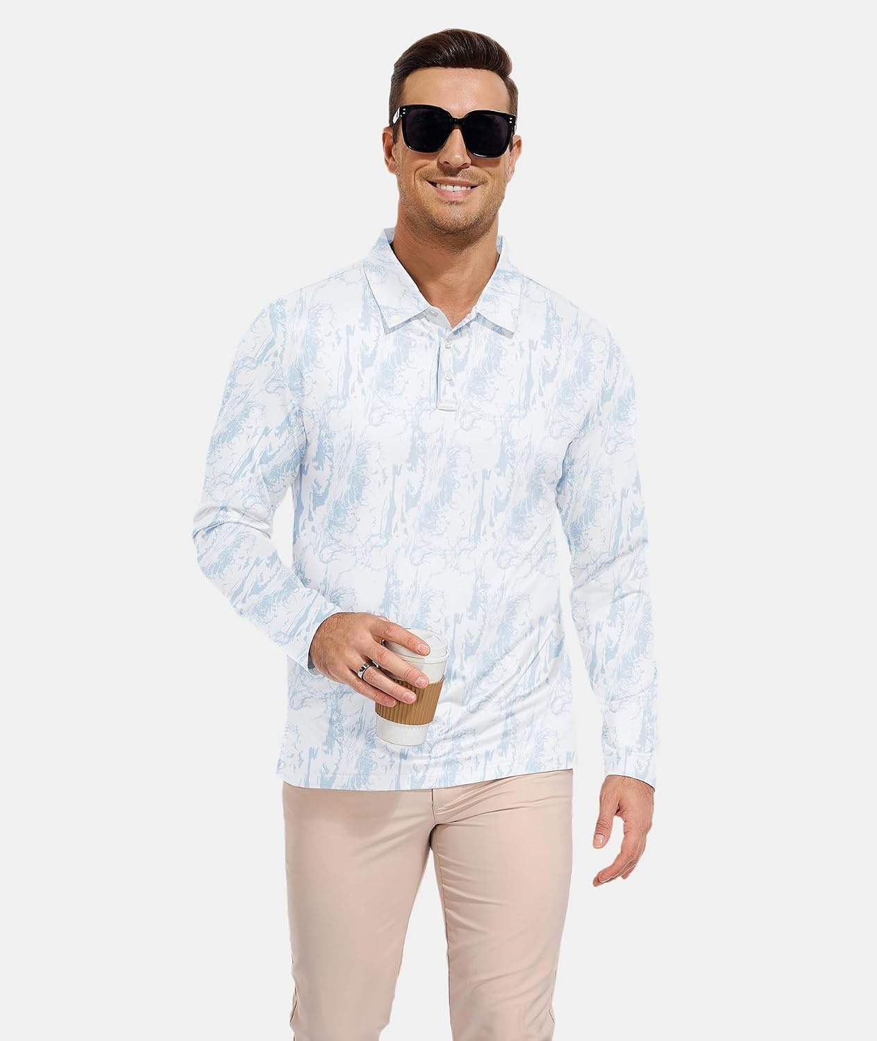 image:imageZITY Mens Long Sleeve Golf Shirts Print Polo Shirts UPF 50 Sun ShirtsGrayish White Ripples