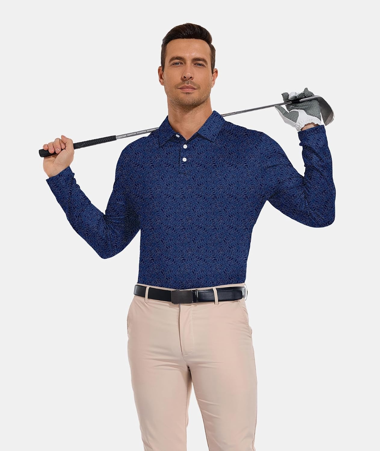 image:imageZITY Mens Long Sleeve Golf Shirts Print Polo Shirts UPF 50 Sun ShirtsNavy Striped Leave