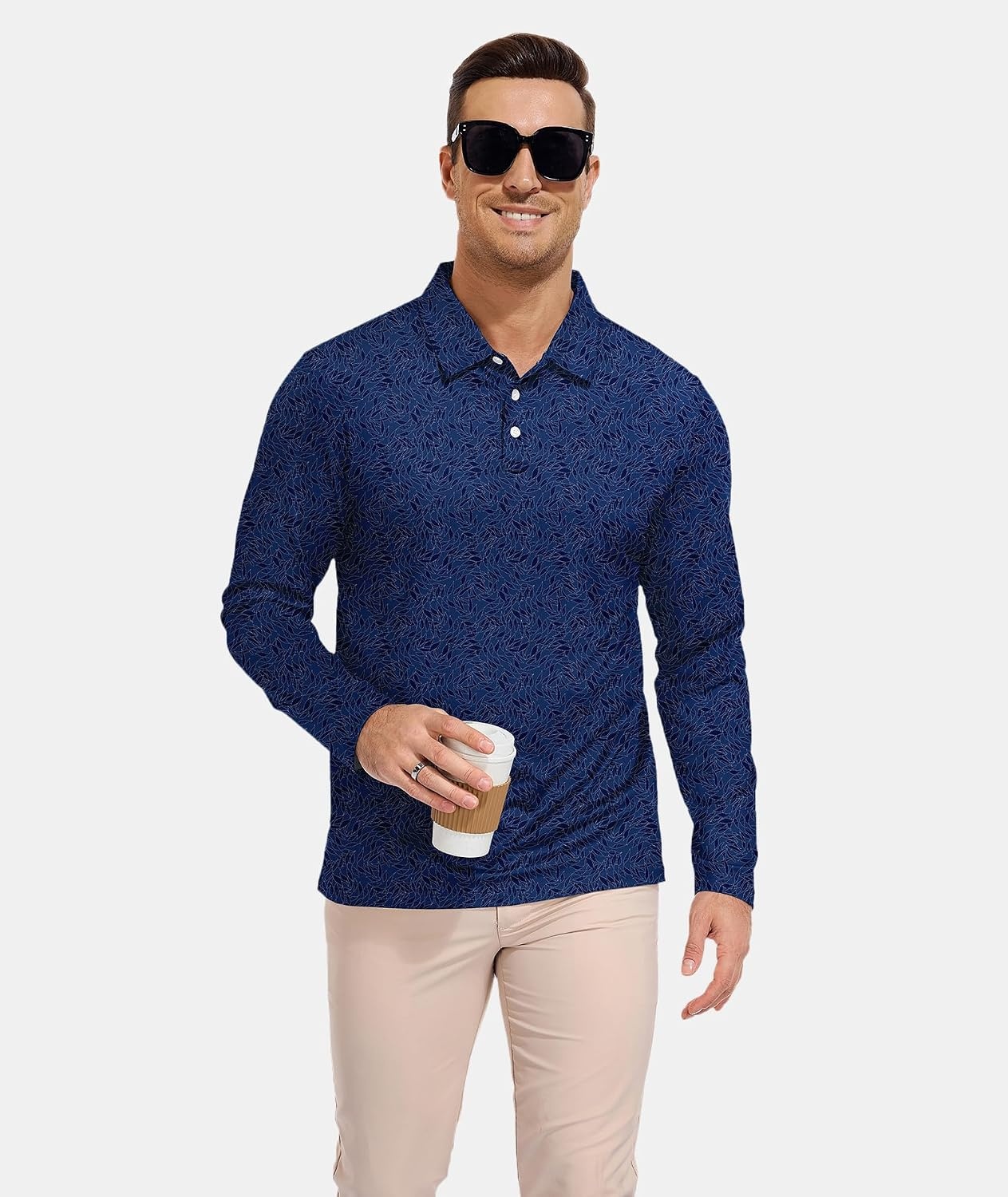 image:imageZITY Mens Long Sleeve Golf Shirts Print Polo Shirts UPF 50 Sun ShirtsNavy Striped Leave