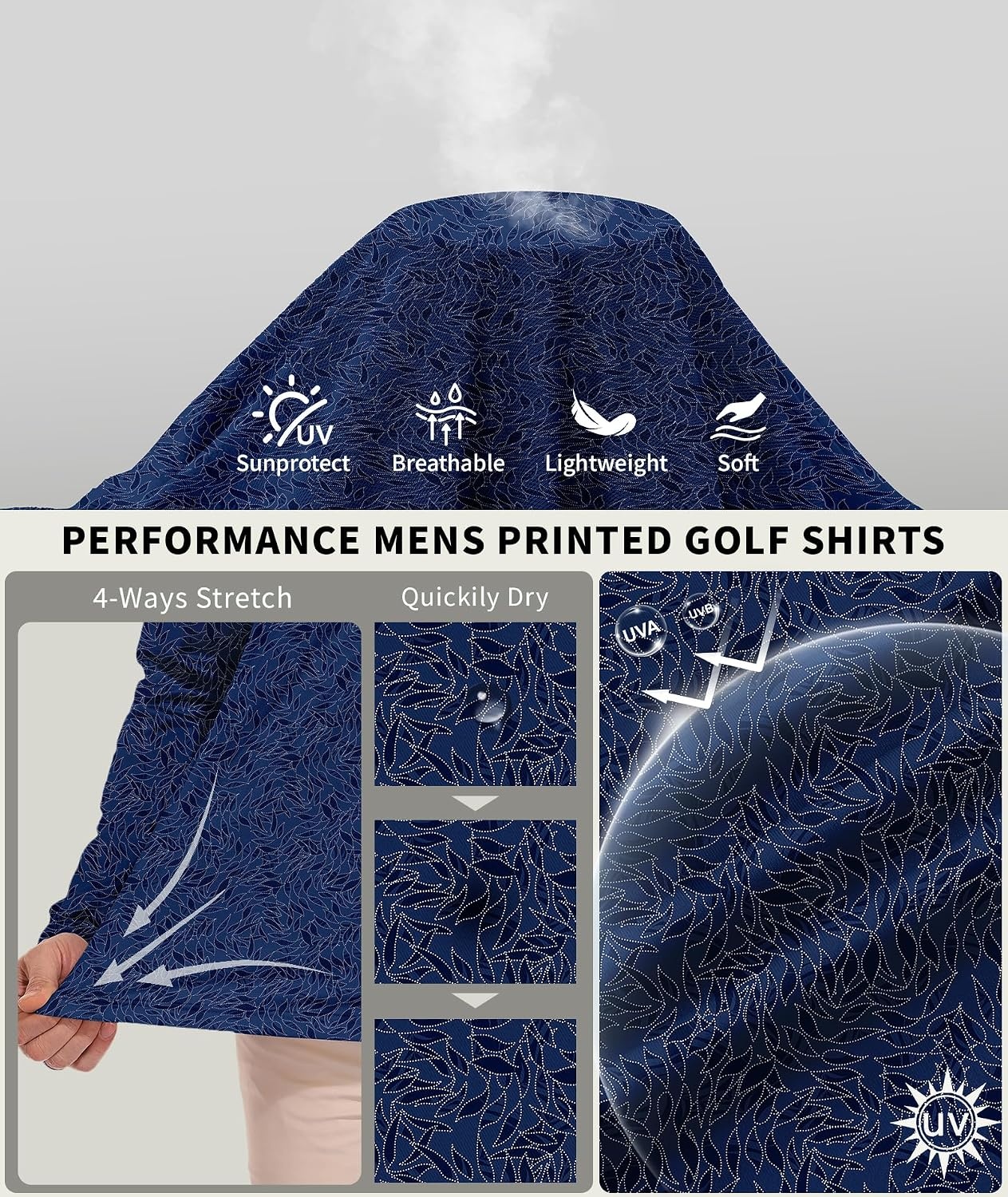 image:imageZITY Mens Long Sleeve Golf Shirts Print Polo Shirts UPF 50 Sun ShirtsNavy Striped Leave