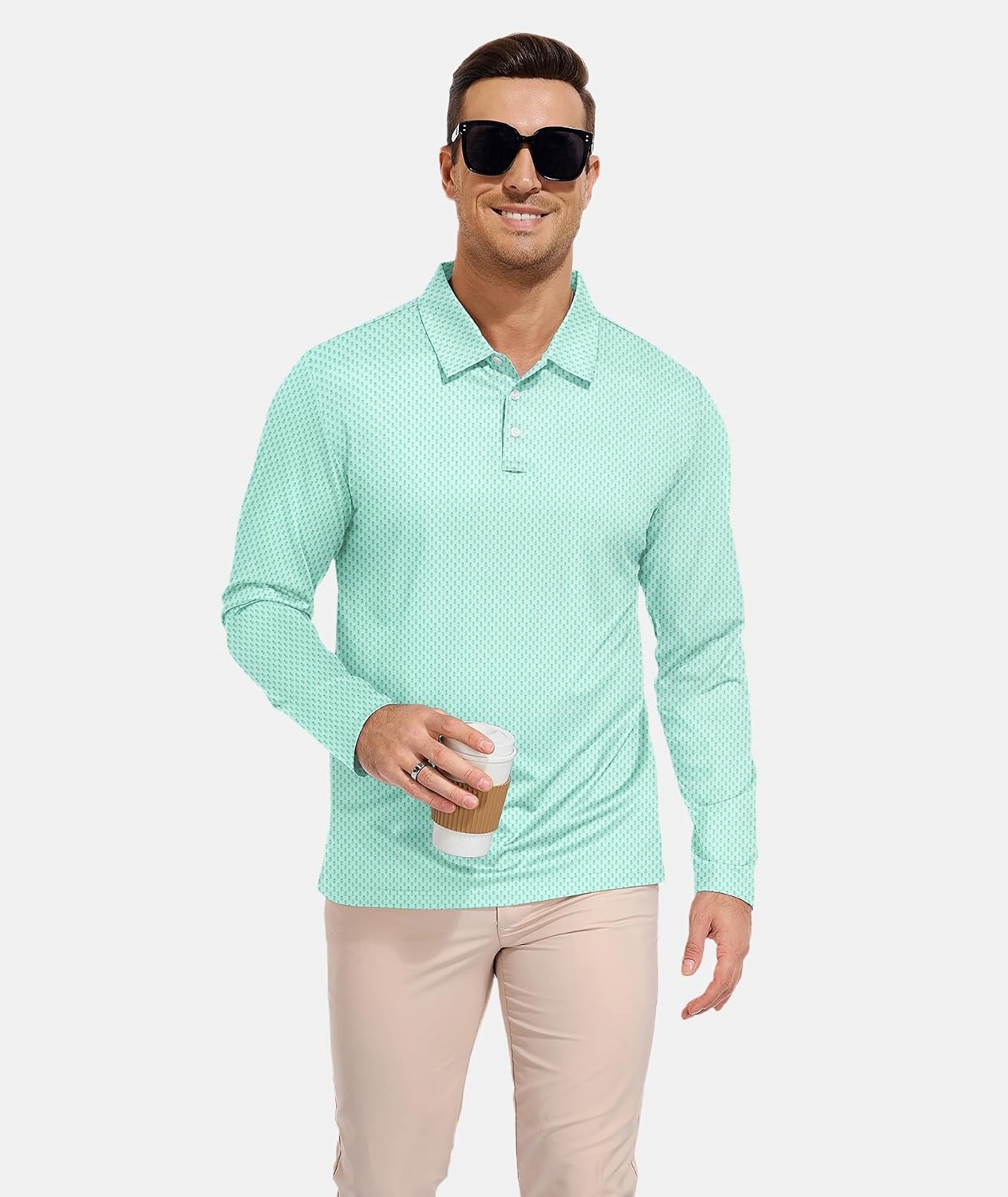 image:imageZITY Mens Long Sleeve Golf Shirts Print Polo Shirts UPF 50 Sun ShirtsPattern Green