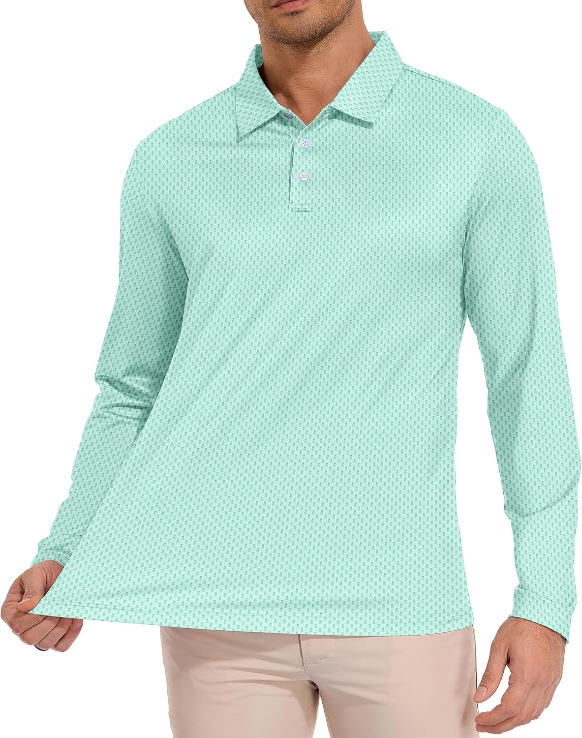 image:imageZITY Mens Long Sleeve Golf Shirts Print Polo Shirts UPF 50 Sun ShirtsPattern Green