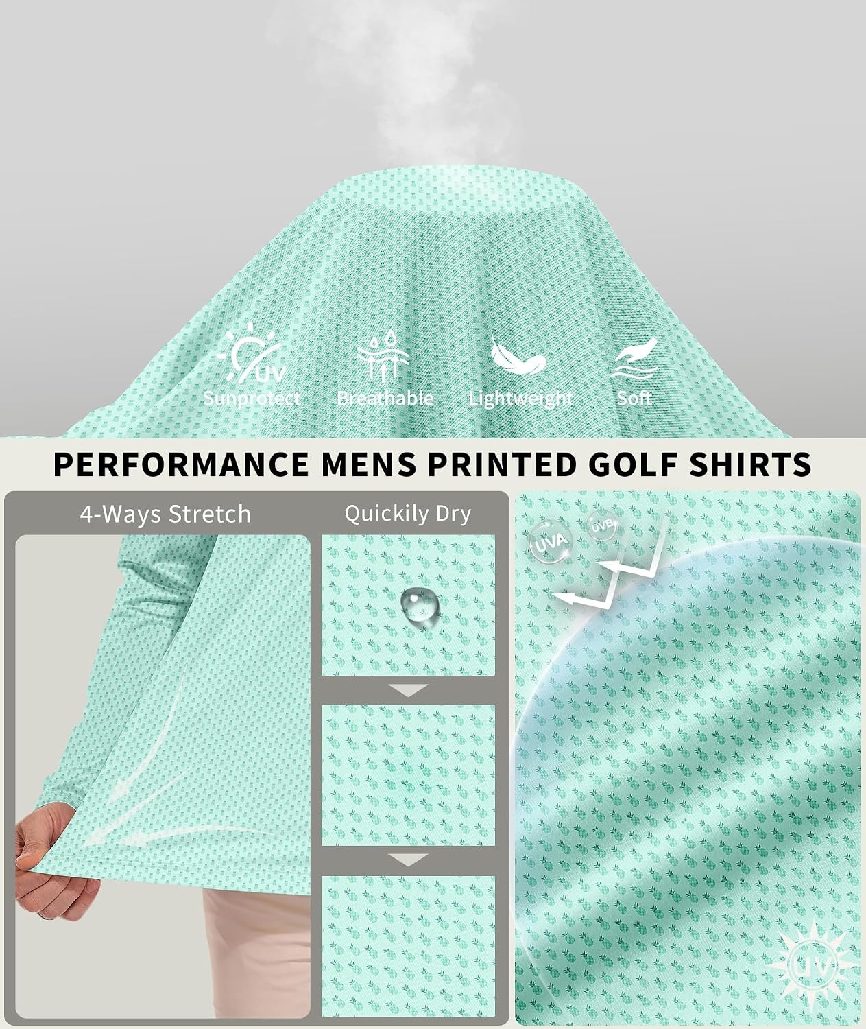 image:imageZITY Mens Long Sleeve Golf Shirts Print Polo Shirts UPF 50 Sun ShirtsPattern Green