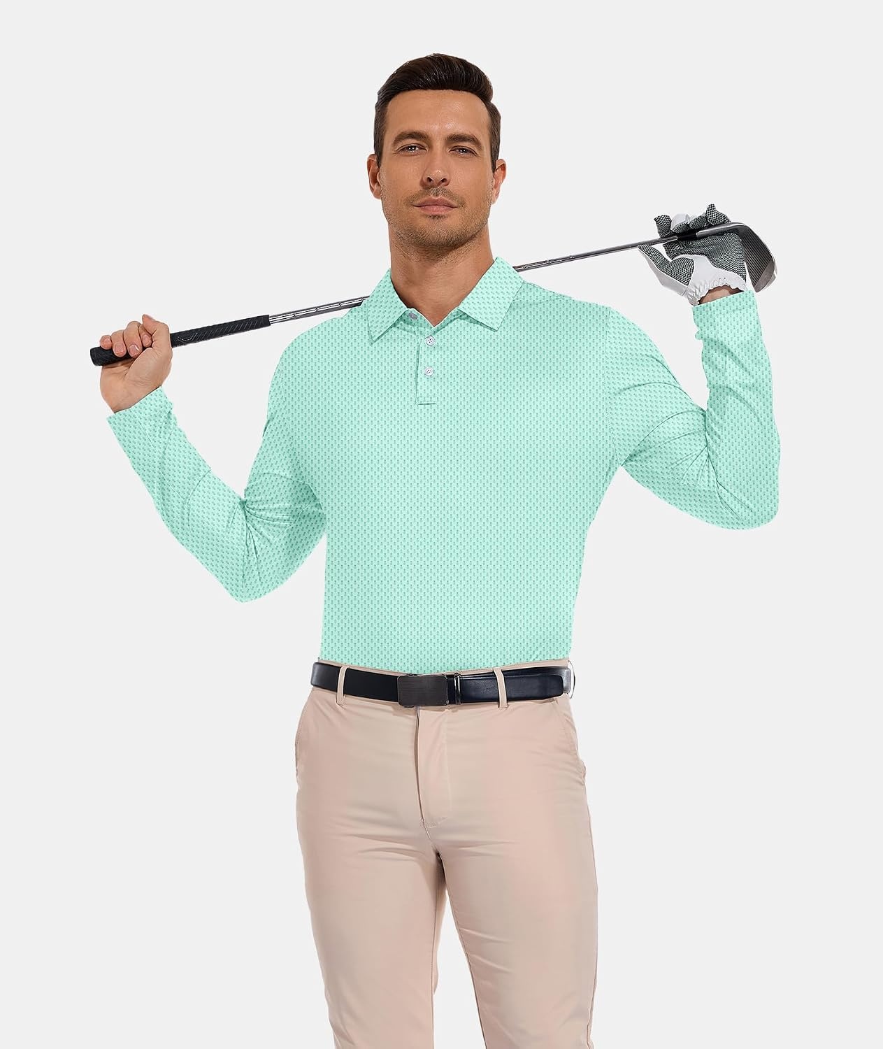 image:imageZITY Mens Long Sleeve Golf Shirts Print Polo Shirts UPF 50 Sun ShirtsPattern Green