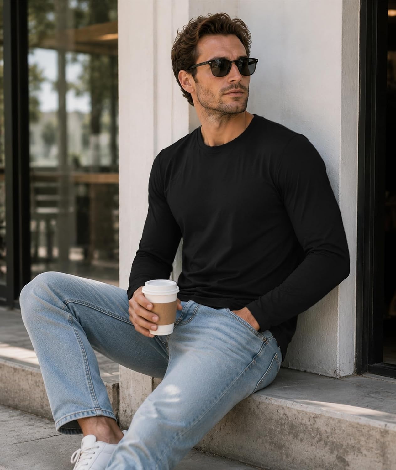 image:imageZITY Mens Long Sleeve Shirts Cotton Comfortable Undershirt for MenBlackBlackBlack