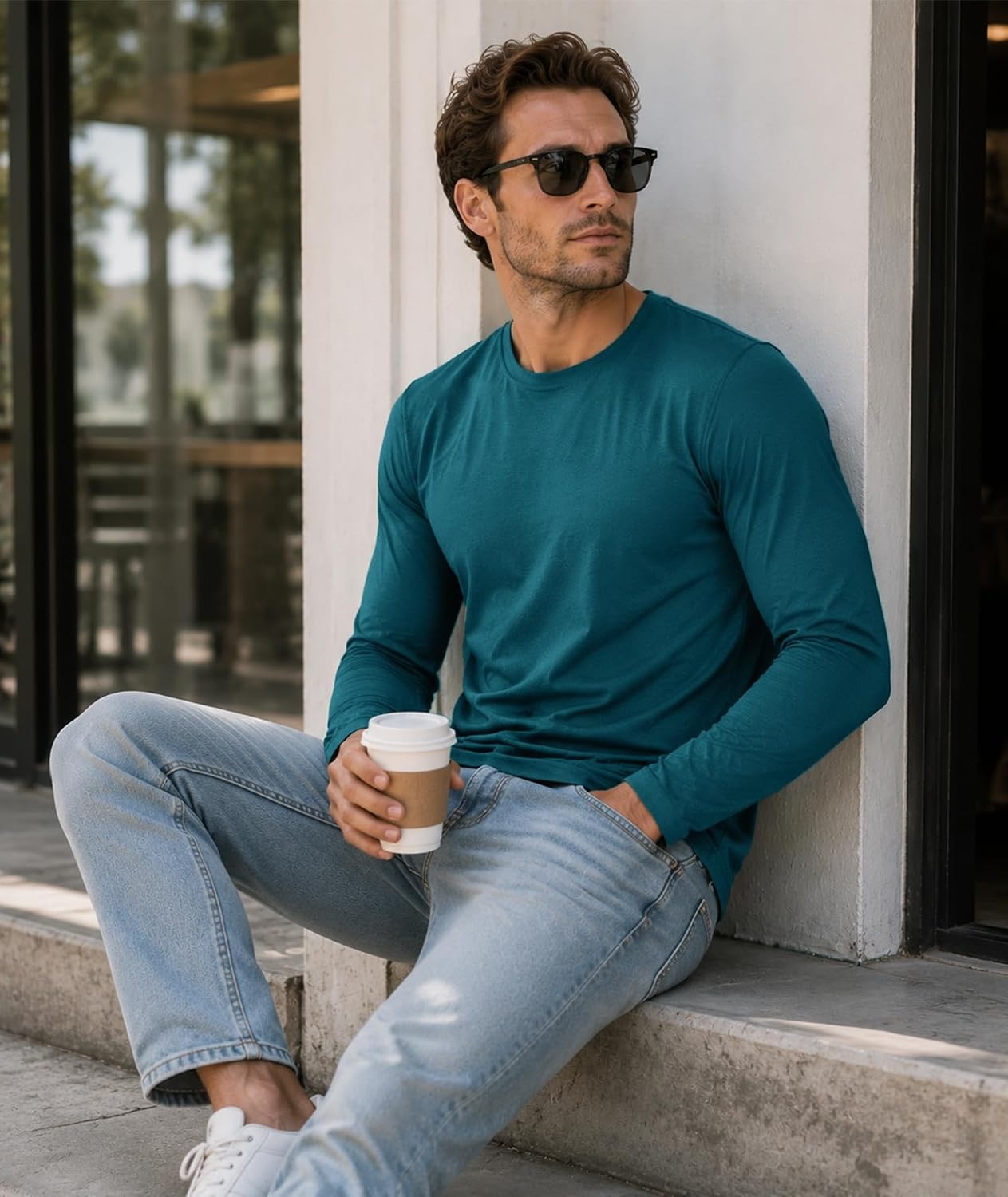 image:imageZITY Mens Long Sleeve Shirts Cotton Comfortable Undershirt for MenRoyalblueNavyDark Teal Blue