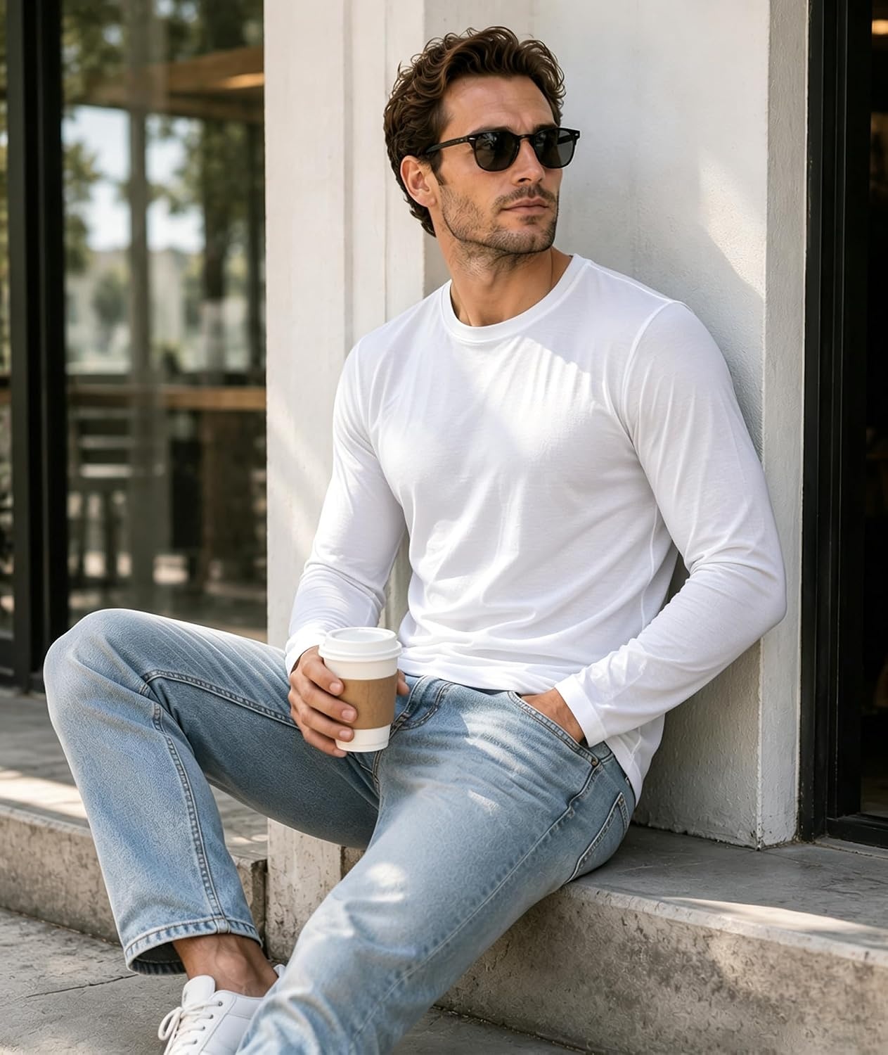 image:imageZITY Mens Long Sleeve Shirts Cotton Comfortable Undershirt for MenWhiteWhiteWhite