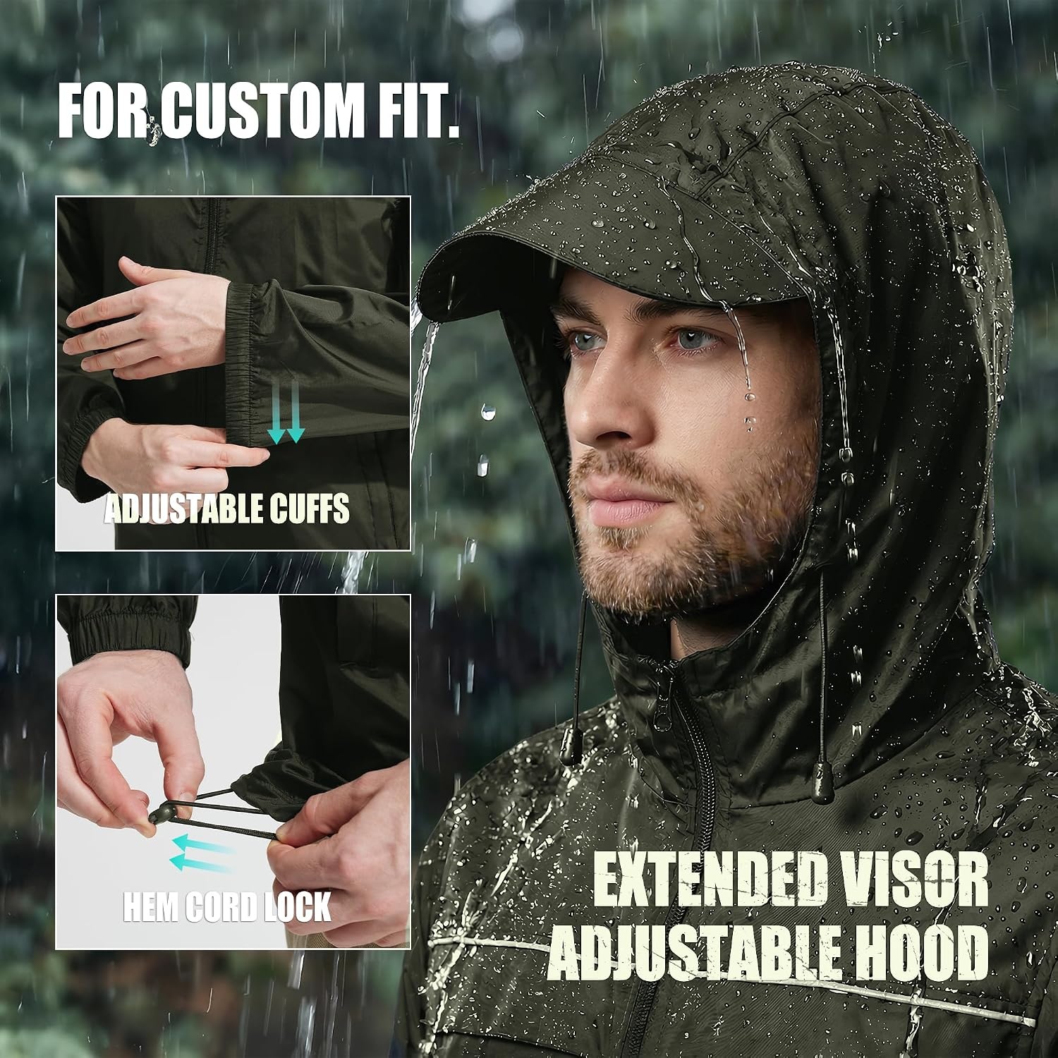 image:imageZITY Mens Rain Jacket Waterproof Lightweight Rain Coat Packable WindbreakerArmy Green