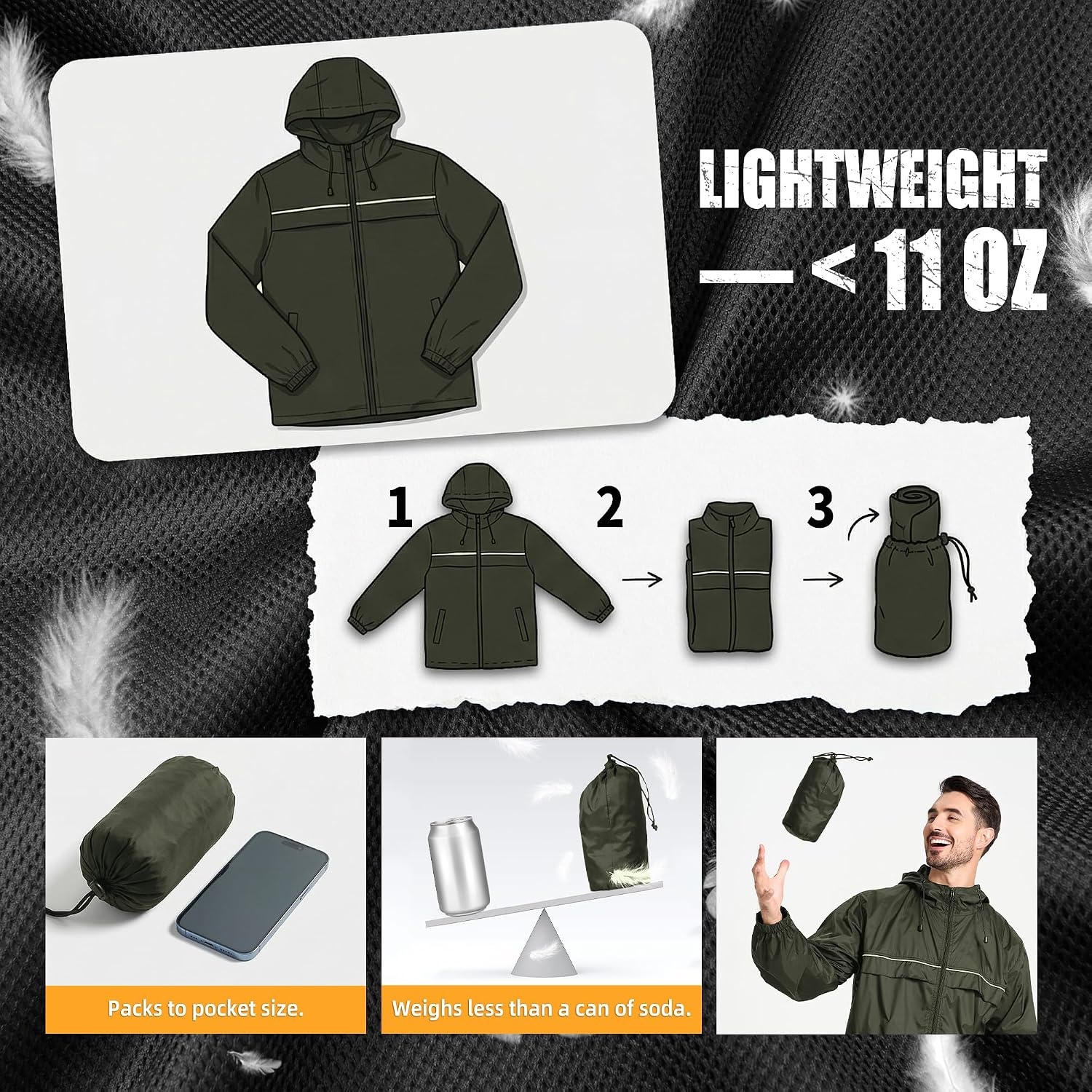 image:imageZITY Mens Rain Jacket Waterproof Lightweight Rain Coat Packable WindbreakerArmy Green