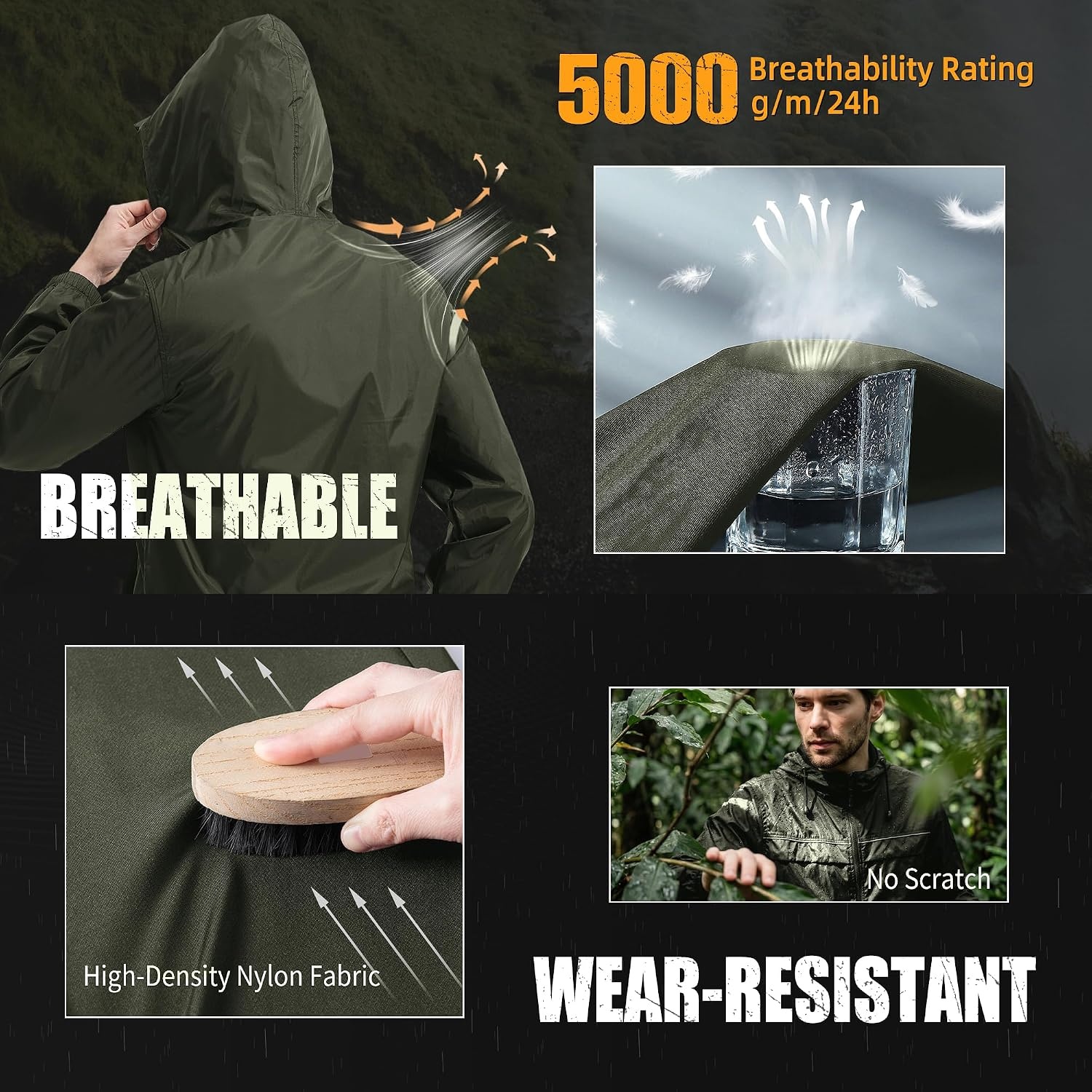 image:imageZITY Mens Rain Jacket Waterproof Lightweight Rain Coat Packable WindbreakerArmy Green