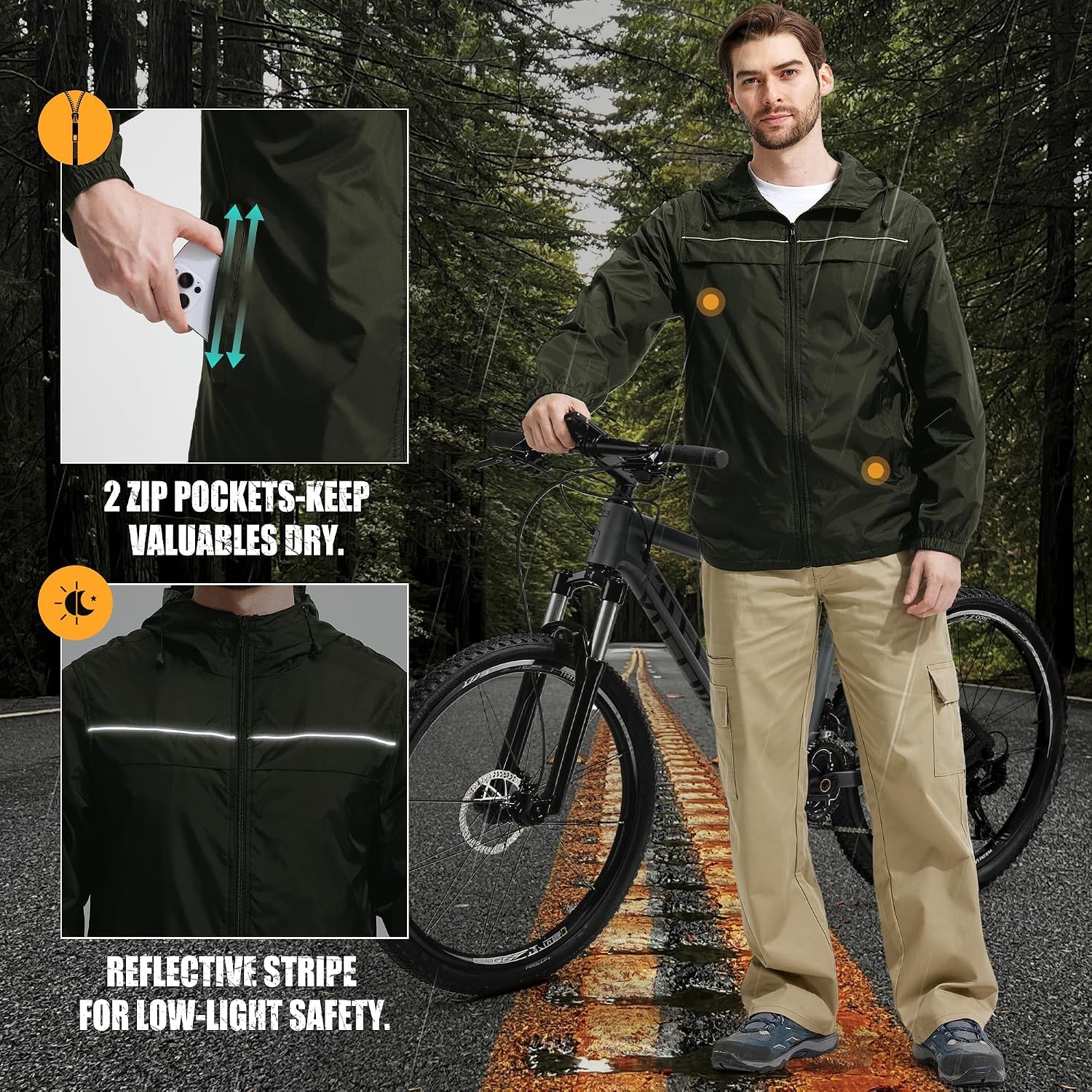 image:imageZITY Mens Rain Jacket Waterproof Lightweight Rain Coat Packable WindbreakerArmy Green