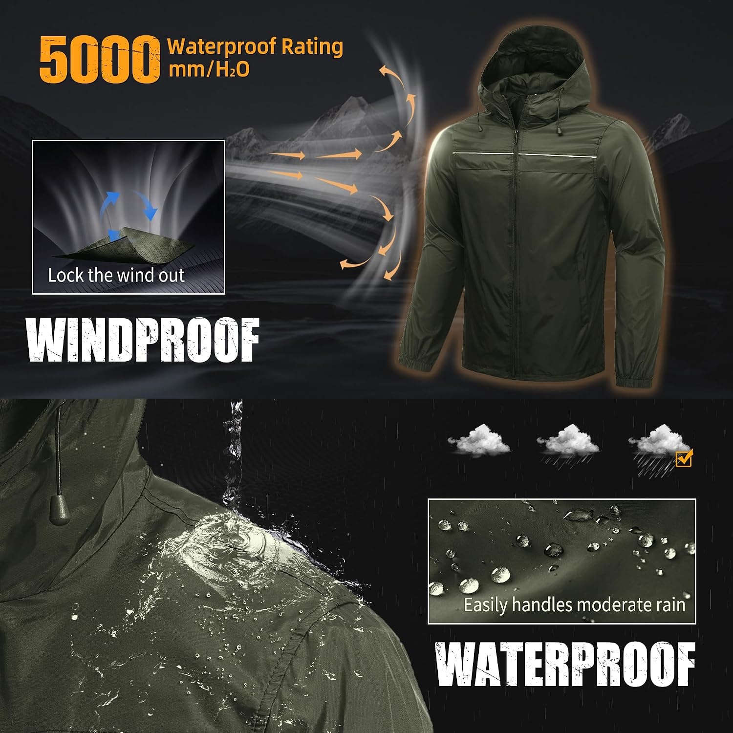 image:imageZITY Mens Rain Jacket Waterproof Lightweight Rain Coat Packable WindbreakerArmy Green