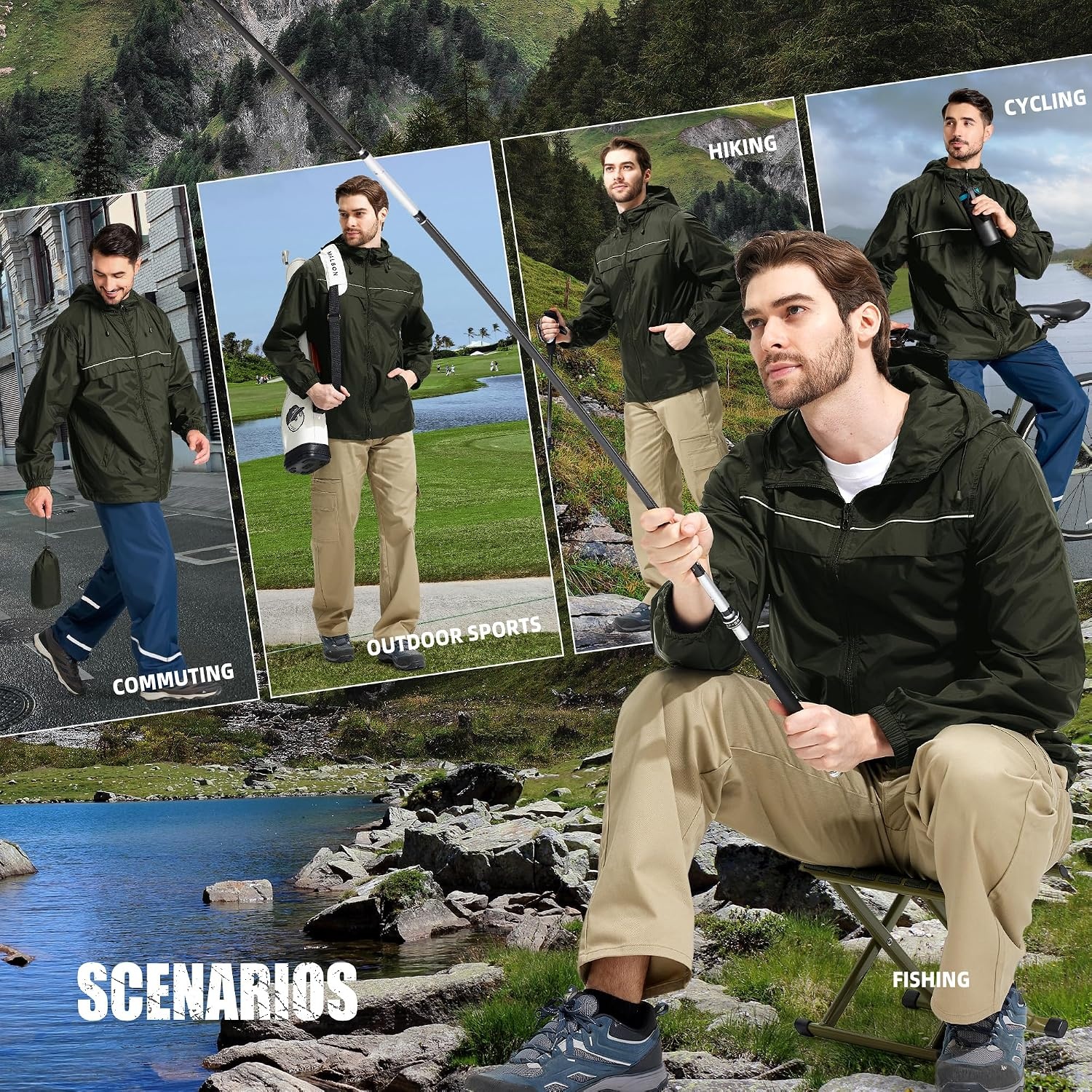image:imageZITY Mens Rain Jacket Waterproof Lightweight Rain Coat Packable WindbreakerArmy Green