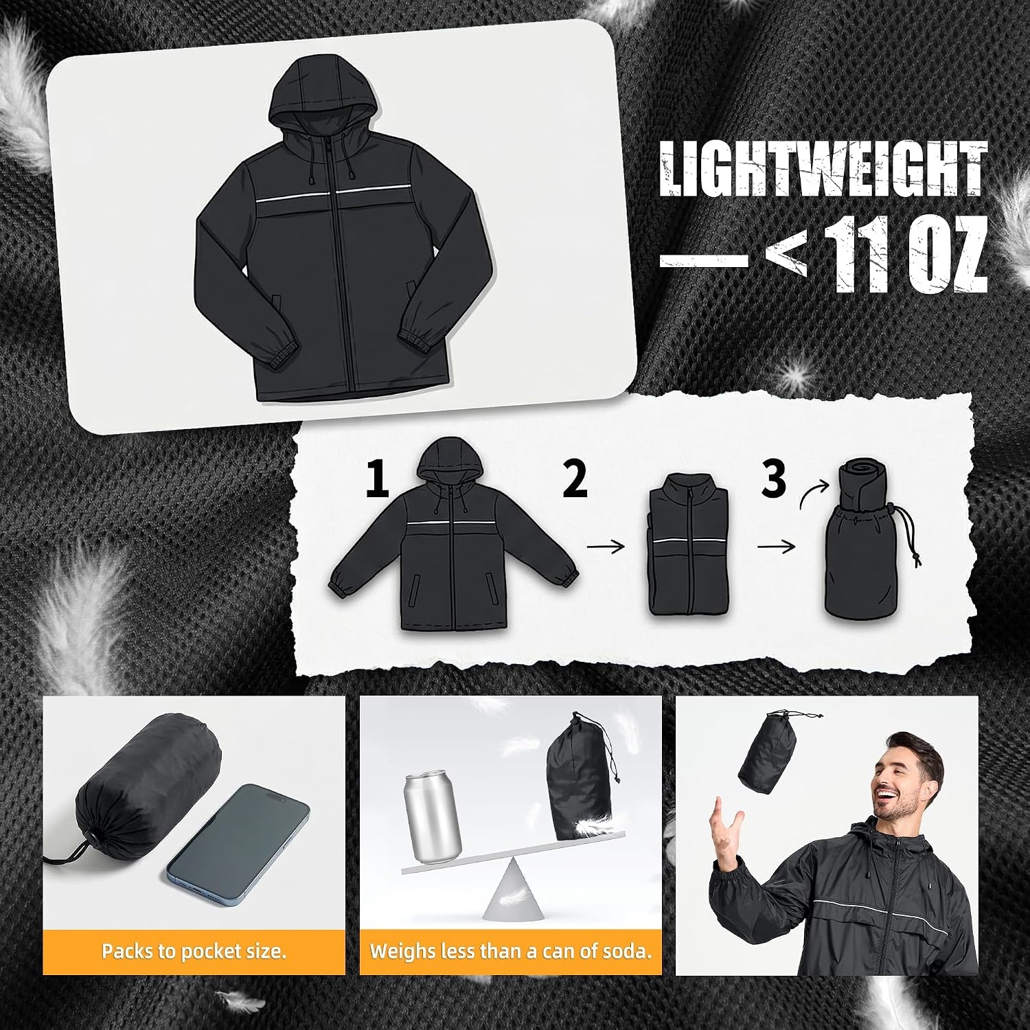 image:imageZITY Mens Rain Jacket Waterproof Lightweight Rain Coat Packable WindbreakerBlack