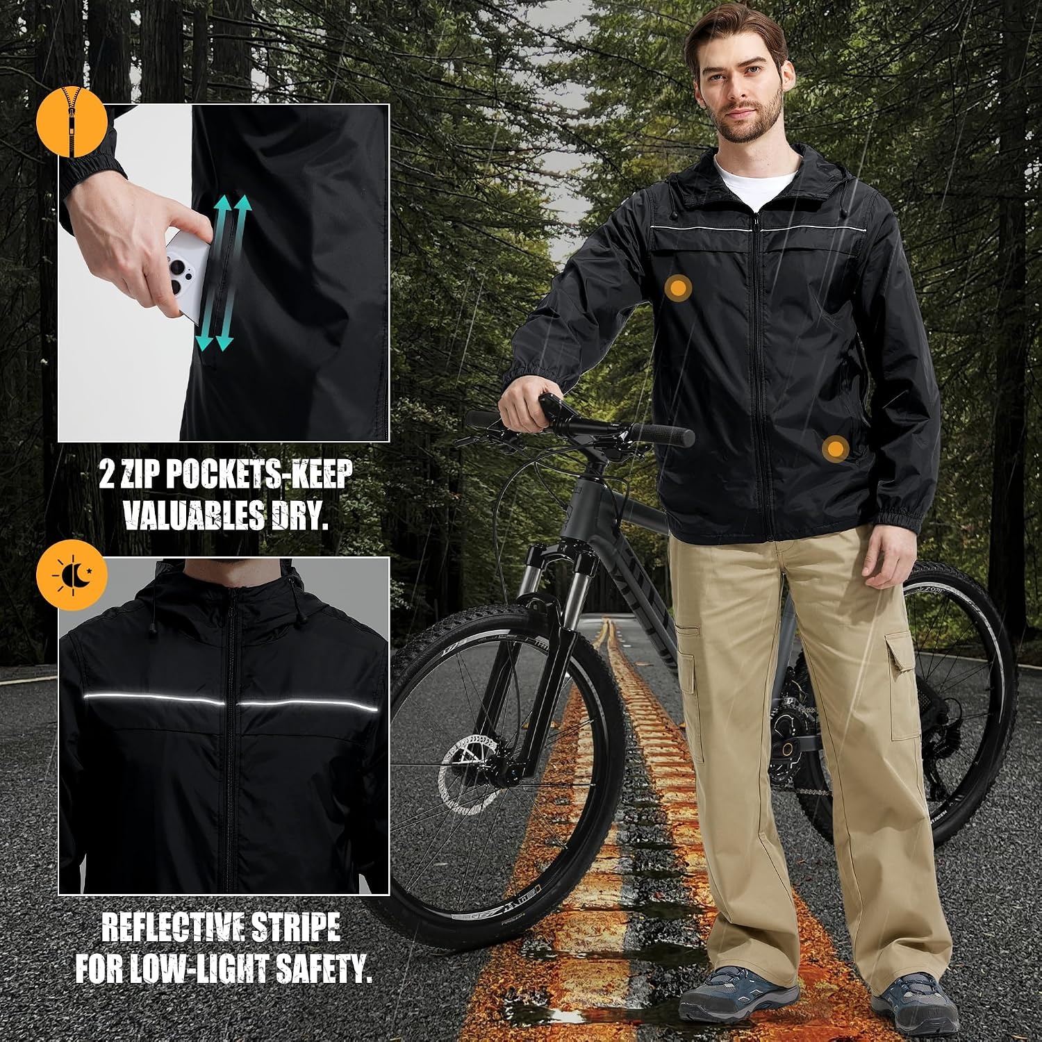 image:imageZITY Mens Rain Jacket Waterproof Lightweight Rain Coat Packable WindbreakerBlack