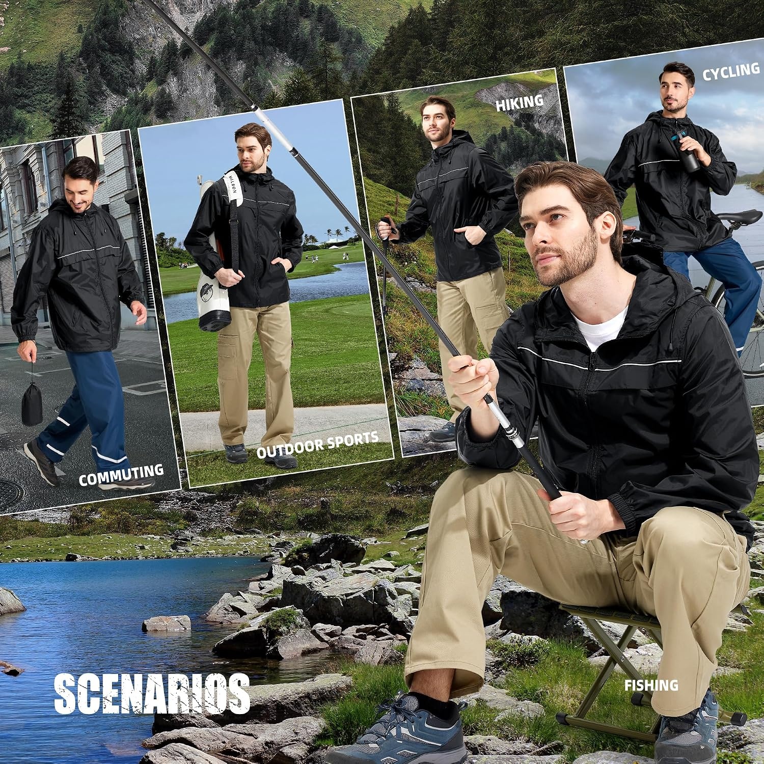 image:imageZITY Mens Rain Jacket Waterproof Lightweight Rain Coat Packable WindbreakerBlack