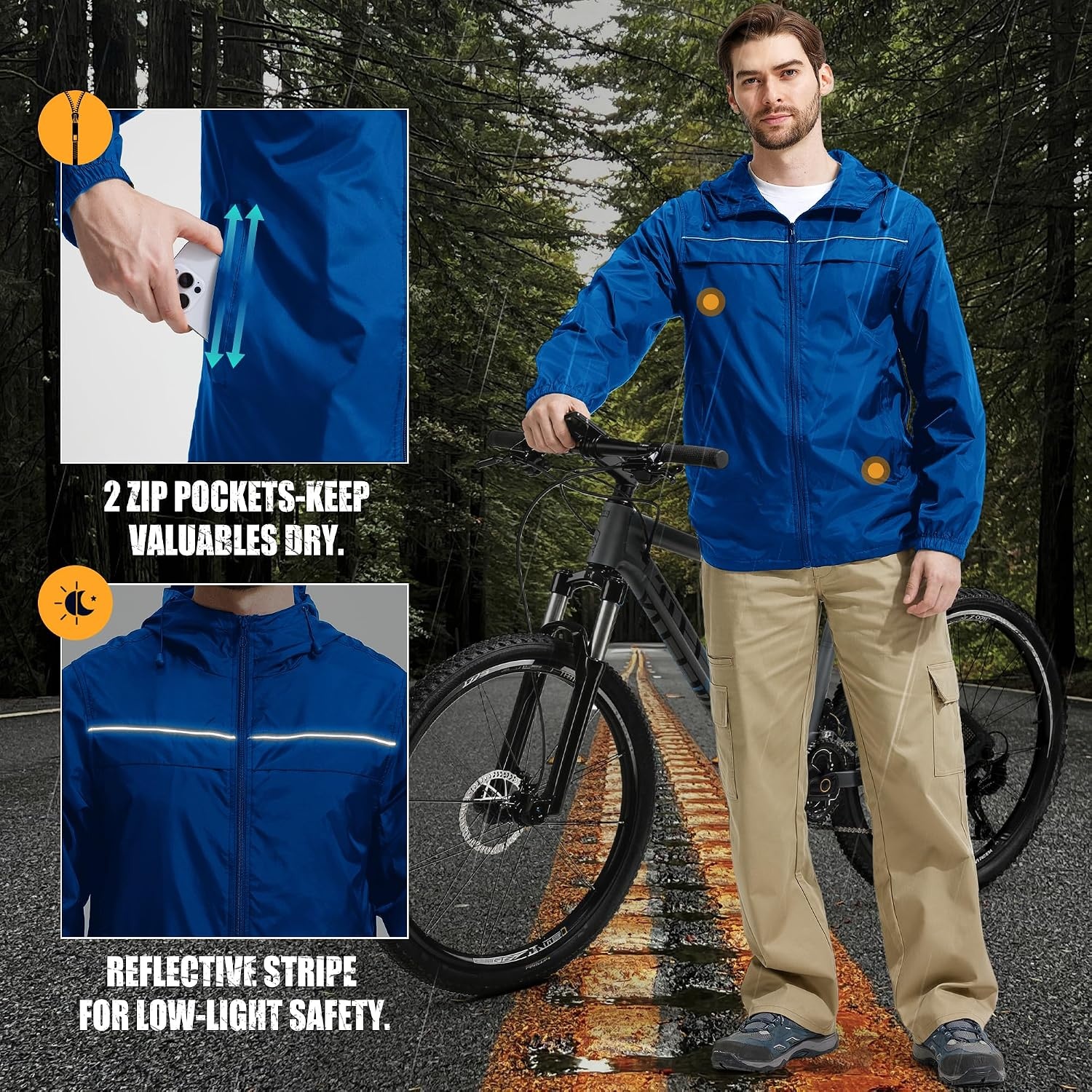 image:imageZITY Mens Rain Jacket Waterproof Lightweight Rain Coat Packable WindbreakerBlue