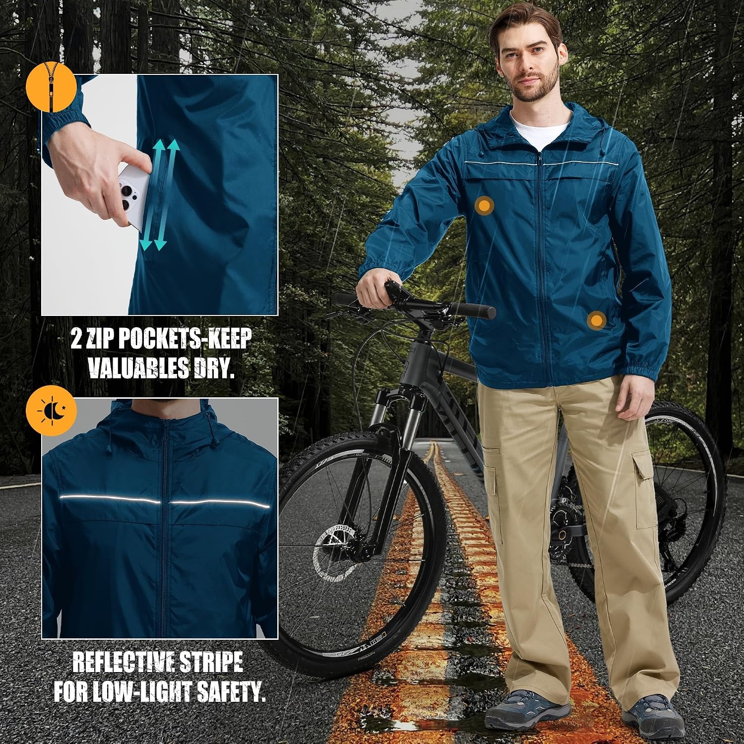 image:imageZITY Mens Rain Jacket Waterproof Lightweight Rain Coat Packable WindbreakerDark Blue