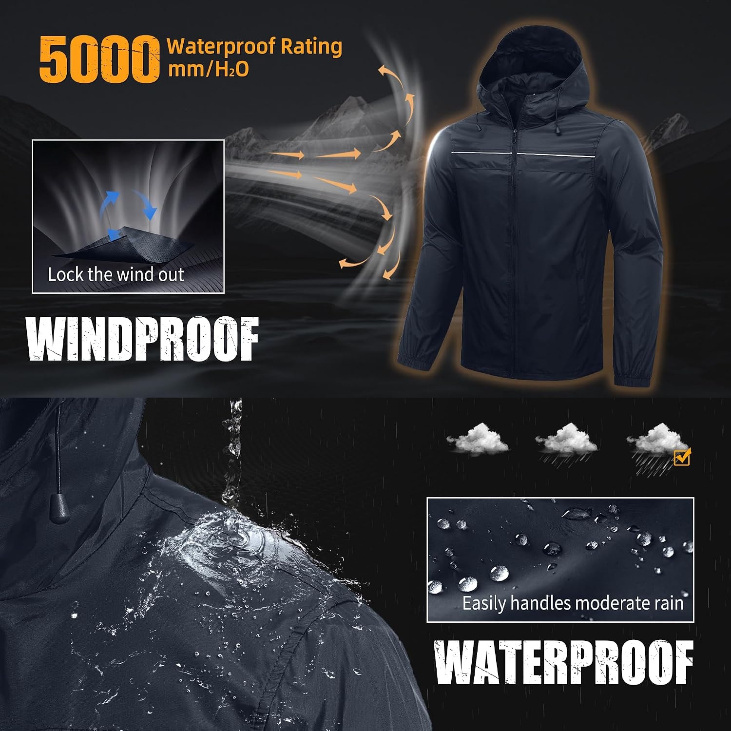 image:imageZITY Mens Rain Jacket Waterproof Lightweight Rain Coat Packable WindbreakerGray Blue