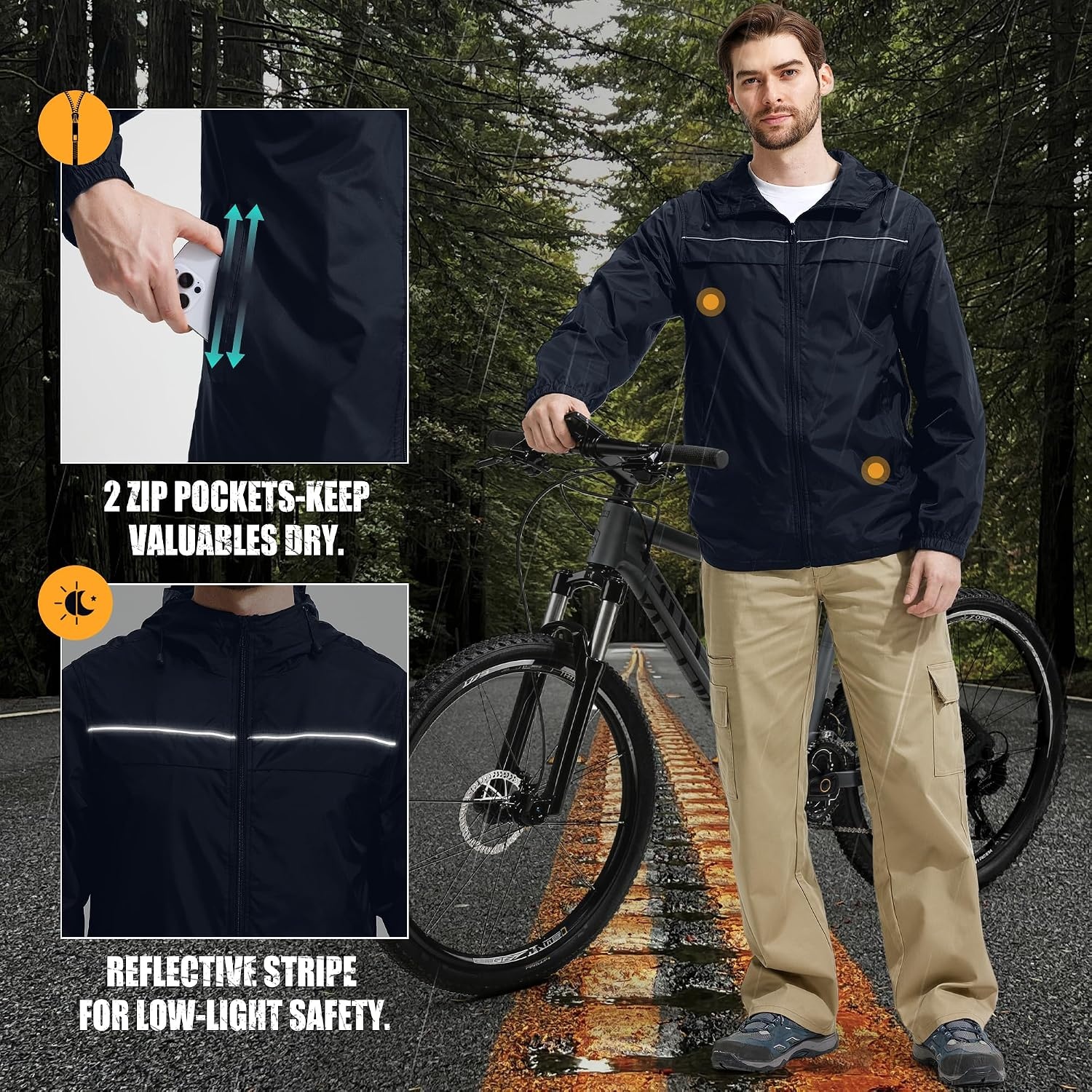 image:imageZITY Mens Rain Jacket Waterproof Lightweight Rain Coat Packable WindbreakerGray Blue