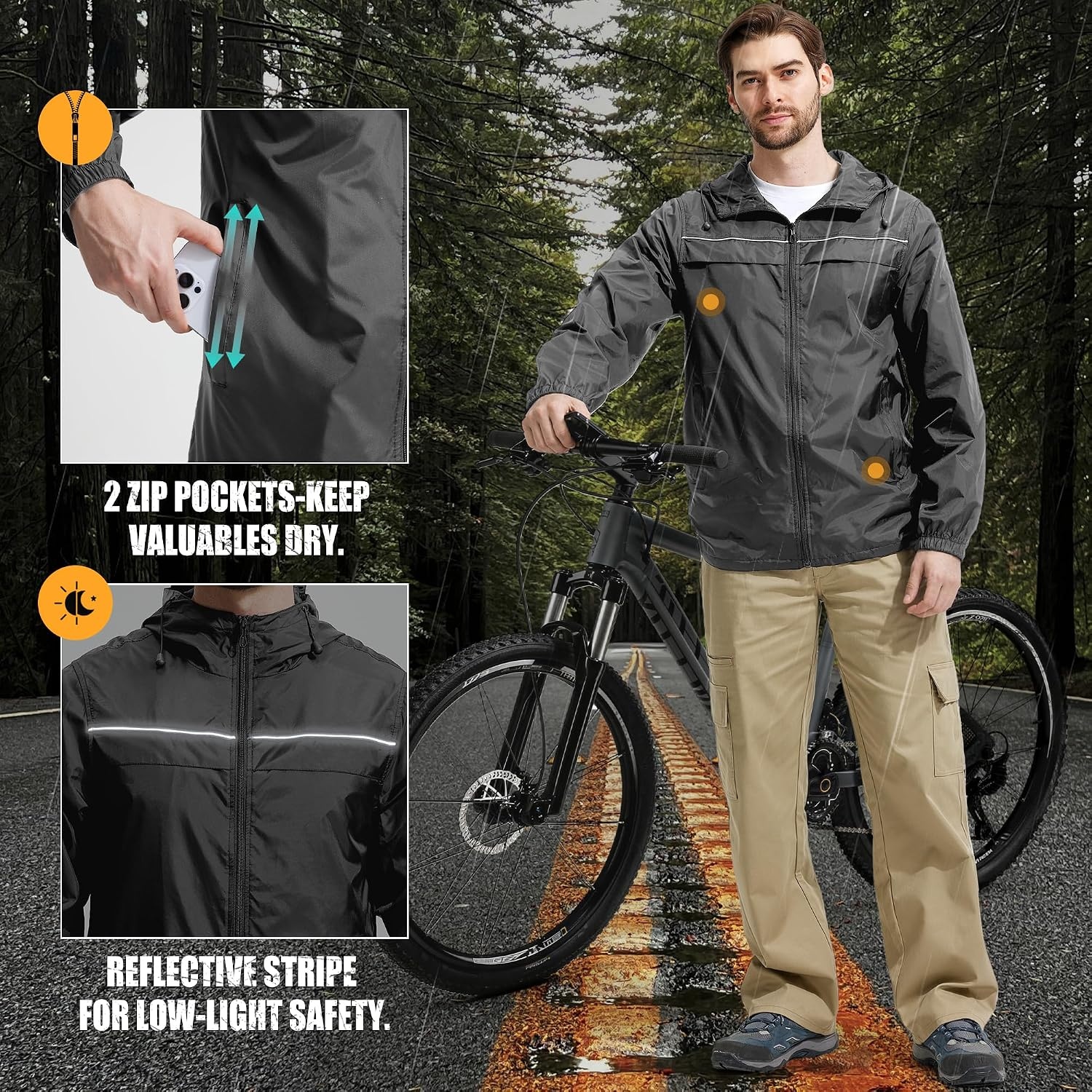image:imageZITY Mens Rain Jacket Waterproof Lightweight Rain Coat Packable WindbreakerGrey