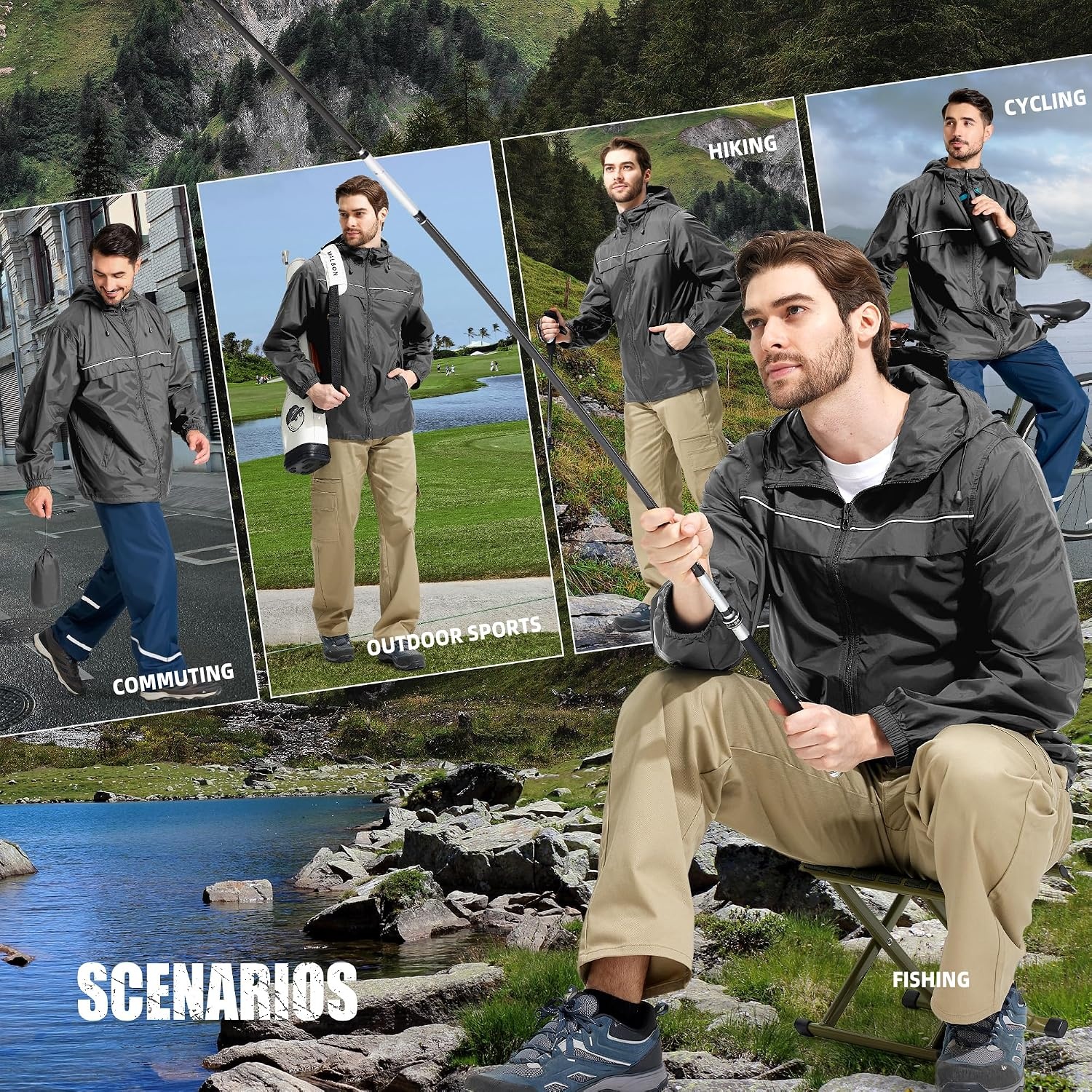image:imageZITY Mens Rain Jacket Waterproof Lightweight Rain Coat Packable WindbreakerGrey