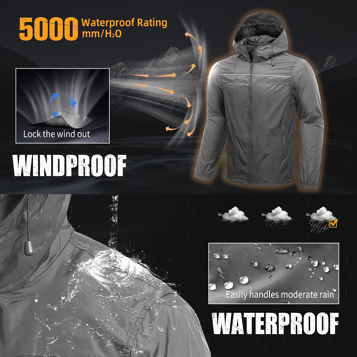 image:imageZITY Mens Rain Jacket Waterproof Lightweight Rain Coat Packable WindbreakerGrey