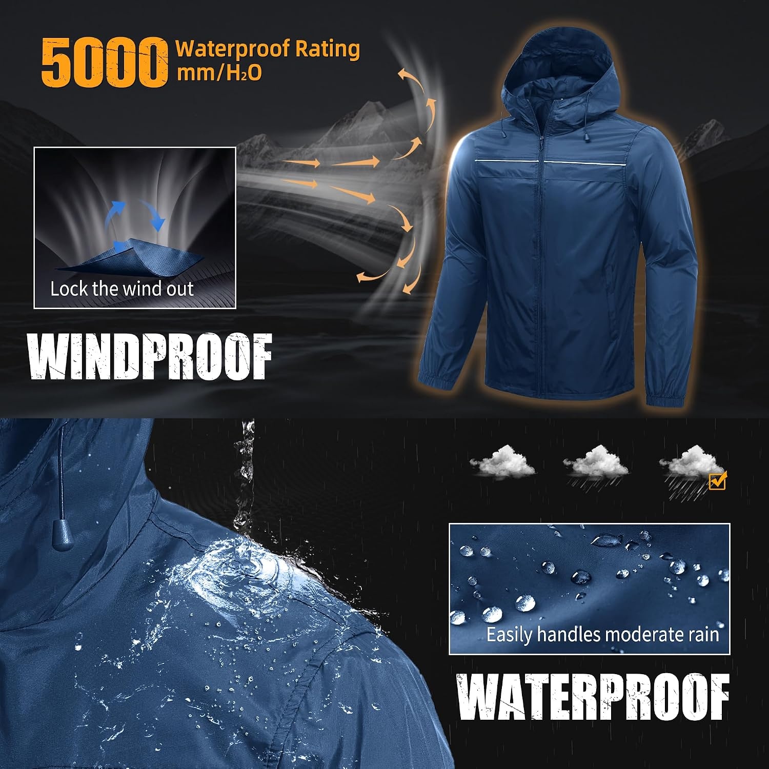 image:imageZITY Mens Rain Jacket Waterproof Lightweight Rain Coat Packable WindbreakerNavy