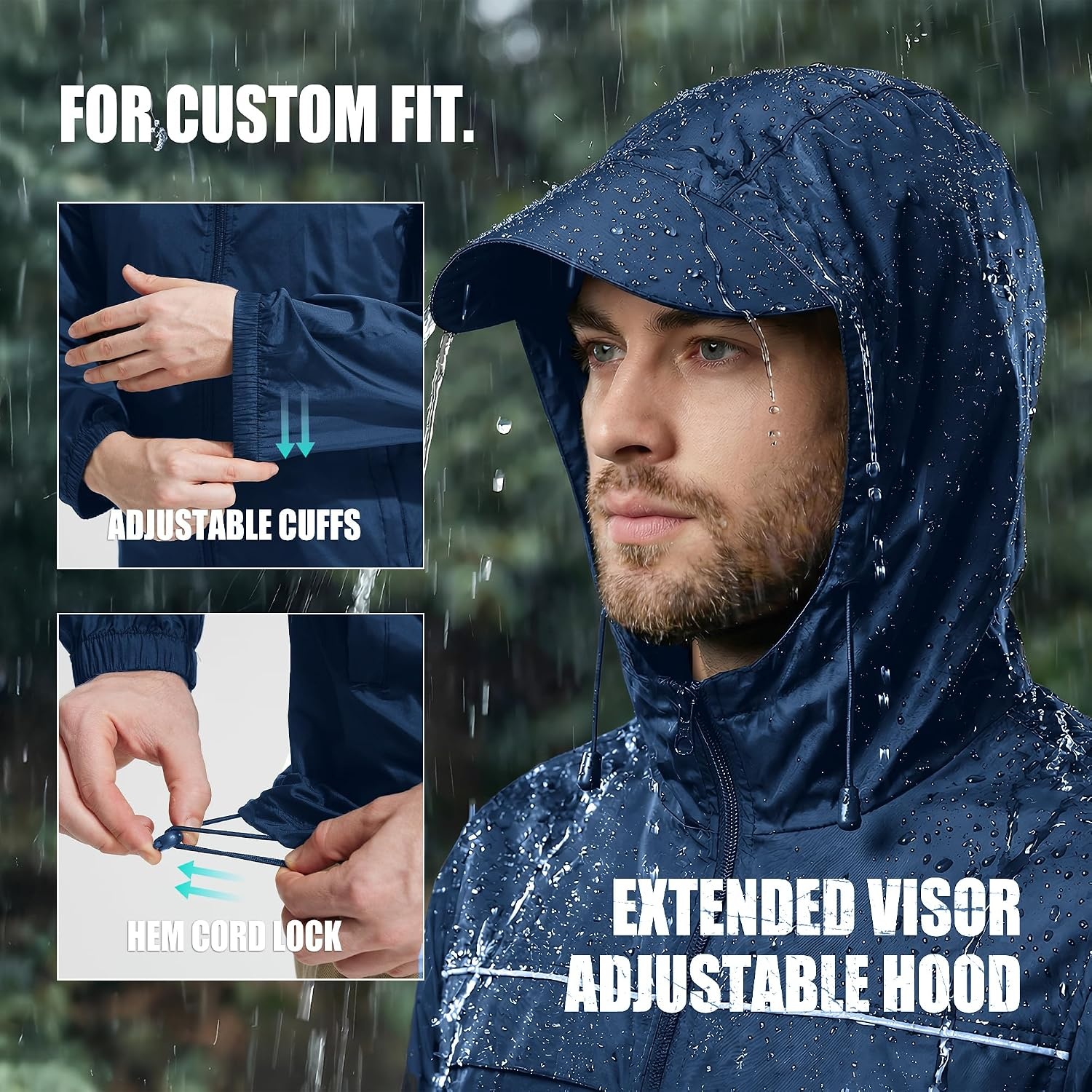 image:imageZITY Mens Rain Jacket Waterproof Lightweight Rain Coat Packable WindbreakerNavy