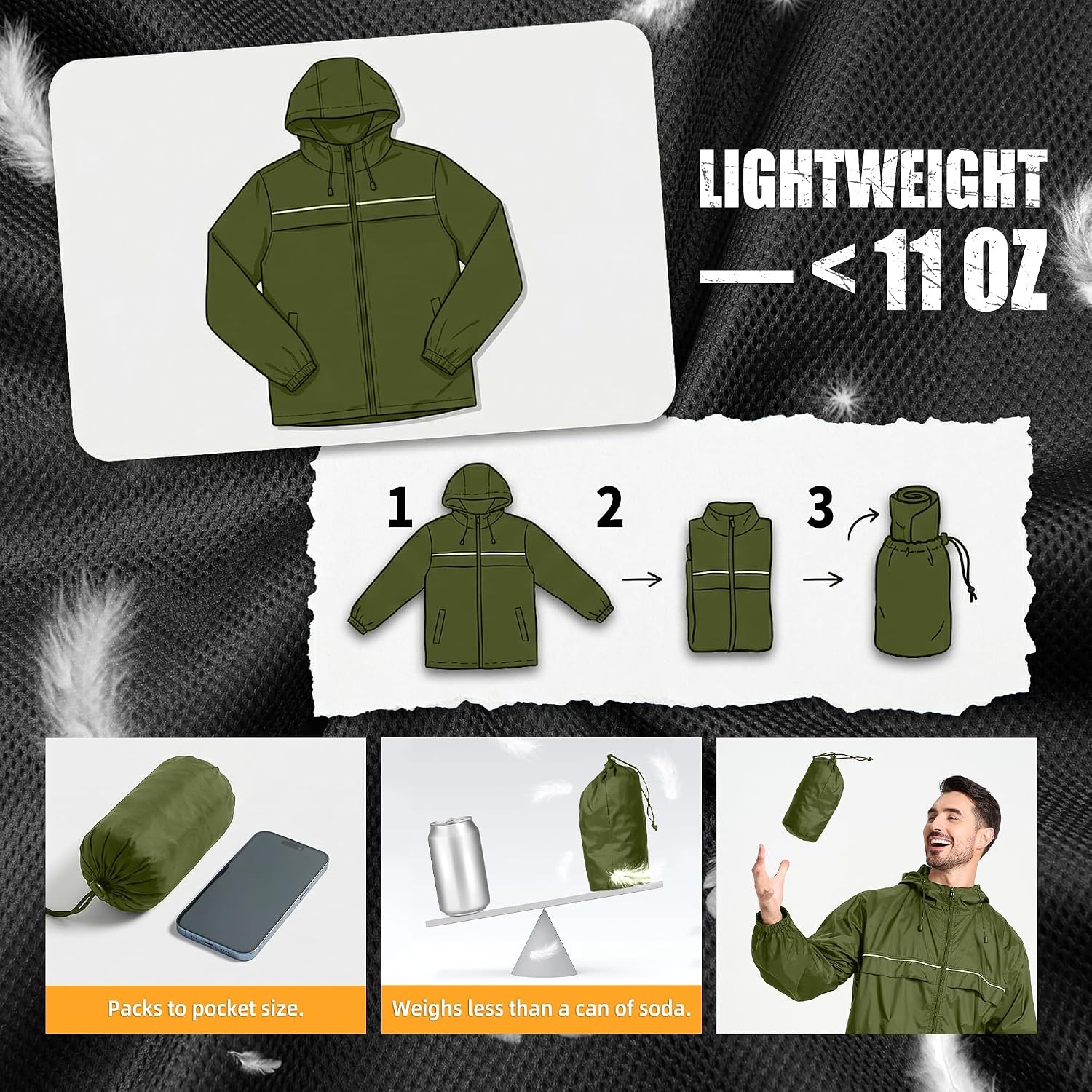 image:imageZITY Mens Rain Jacket Waterproof Lightweight Rain Coat Packable WindbreakerOlive Green