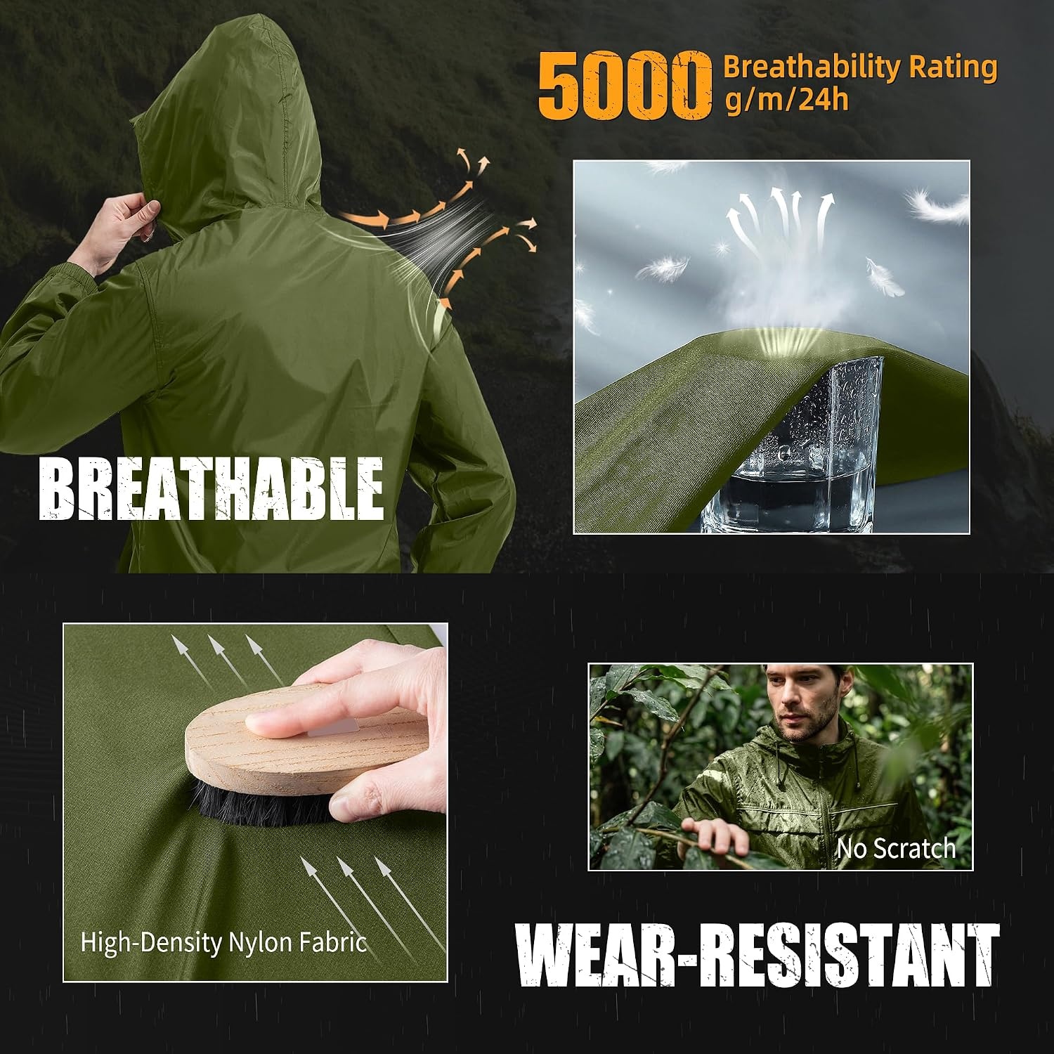 image:imageZITY Mens Rain Jacket Waterproof Lightweight Rain Coat Packable WindbreakerOlive Green