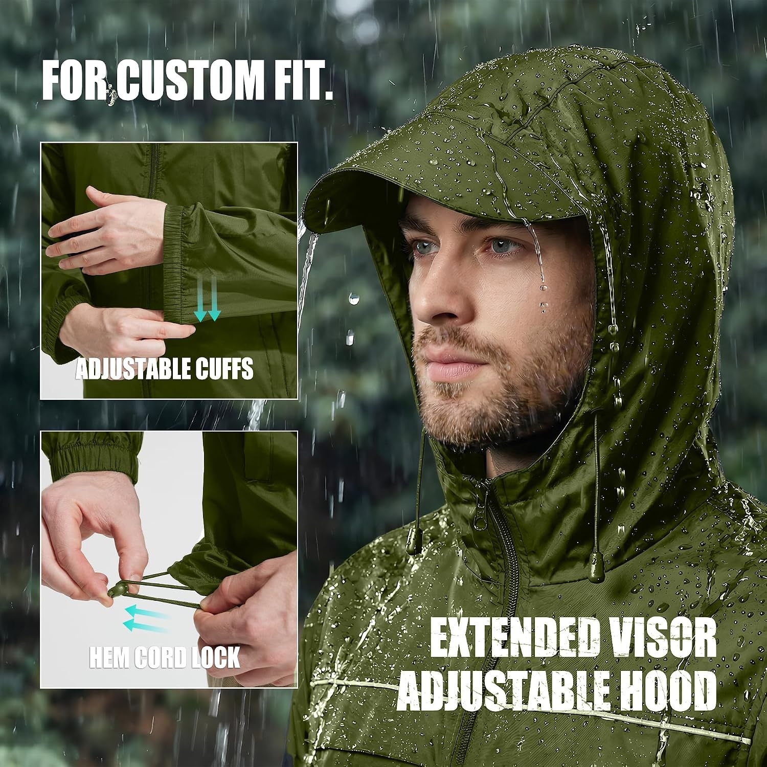 image:imageZITY Mens Rain Jacket Waterproof Lightweight Rain Coat Packable WindbreakerOlive Green