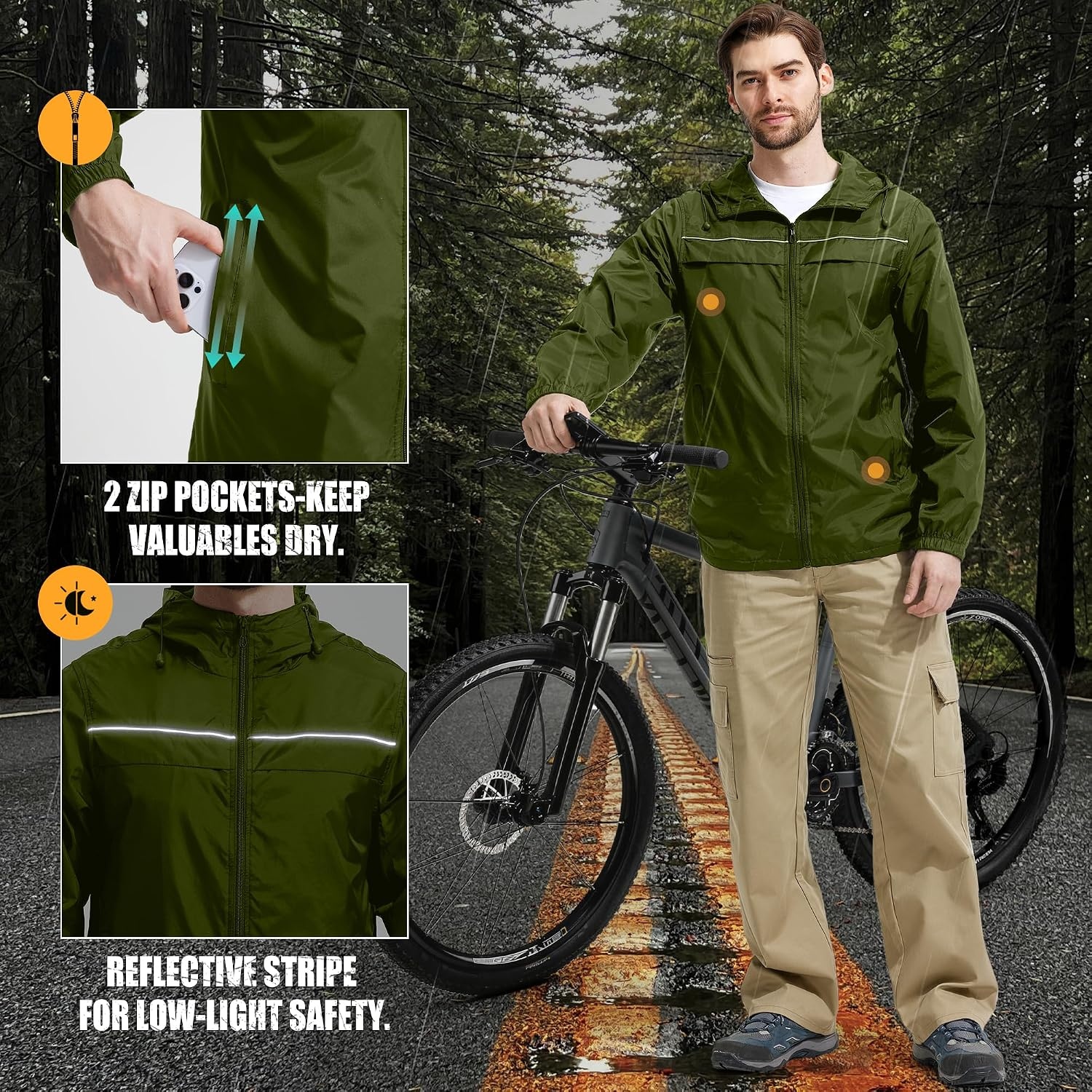 image:imageZITY Mens Rain Jacket Waterproof Lightweight Rain Coat Packable WindbreakerOlive Green