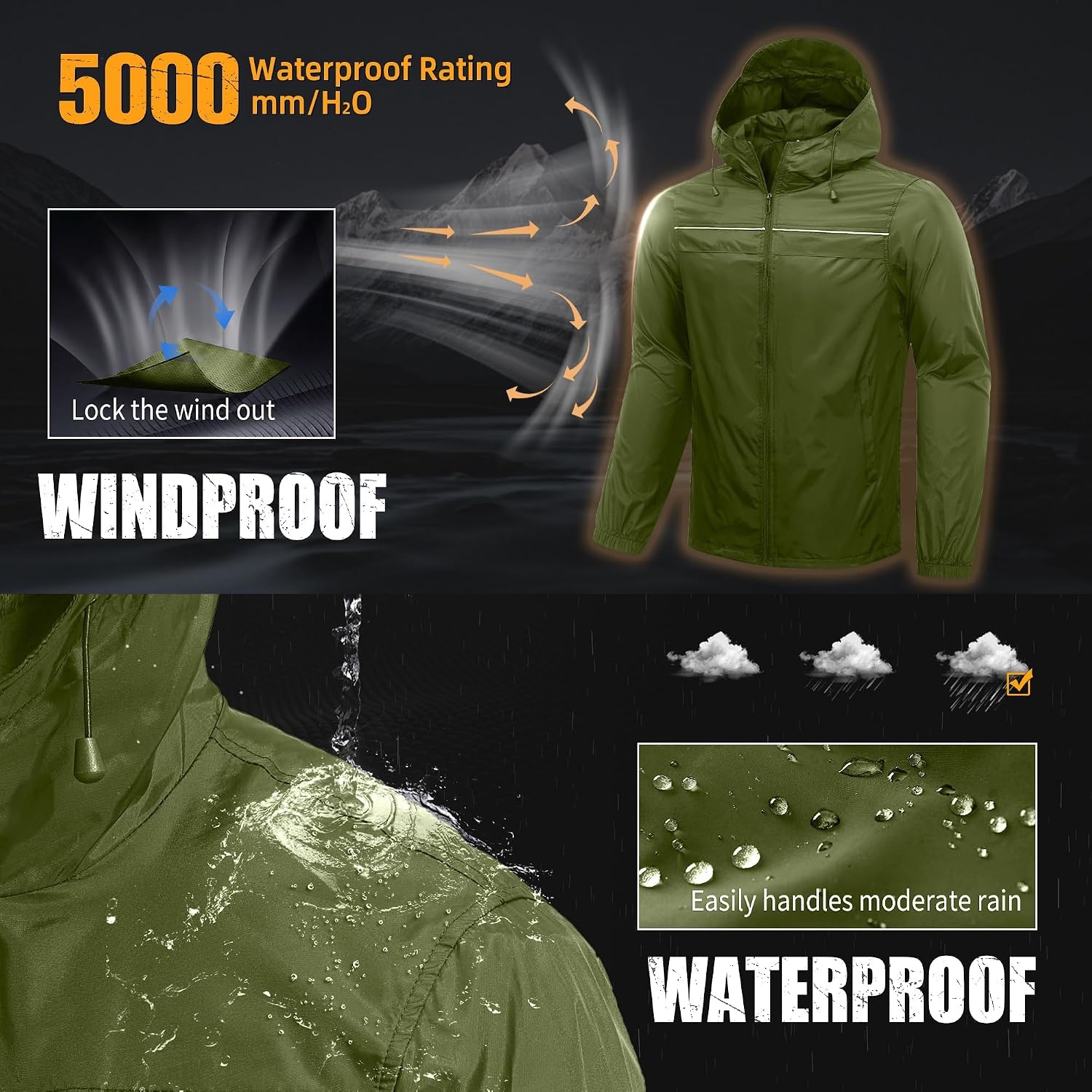 image:imageZITY Mens Rain Jacket Waterproof Lightweight Rain Coat Packable WindbreakerOlive Green