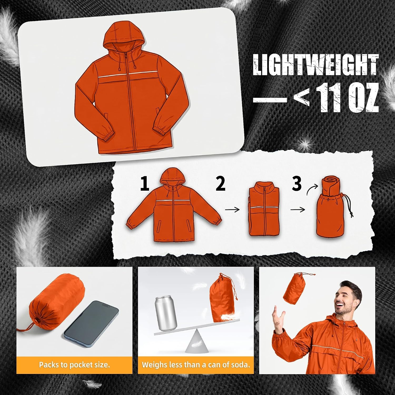 image:imageZITY Mens Rain Jacket Waterproof Lightweight Rain Coat Packable WindbreakerOrange