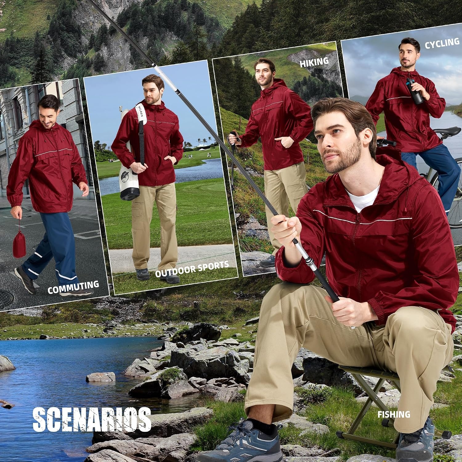 image:imageZITY Mens Rain Jacket Waterproof Lightweight Rain Coat Packable WindbreakerRed