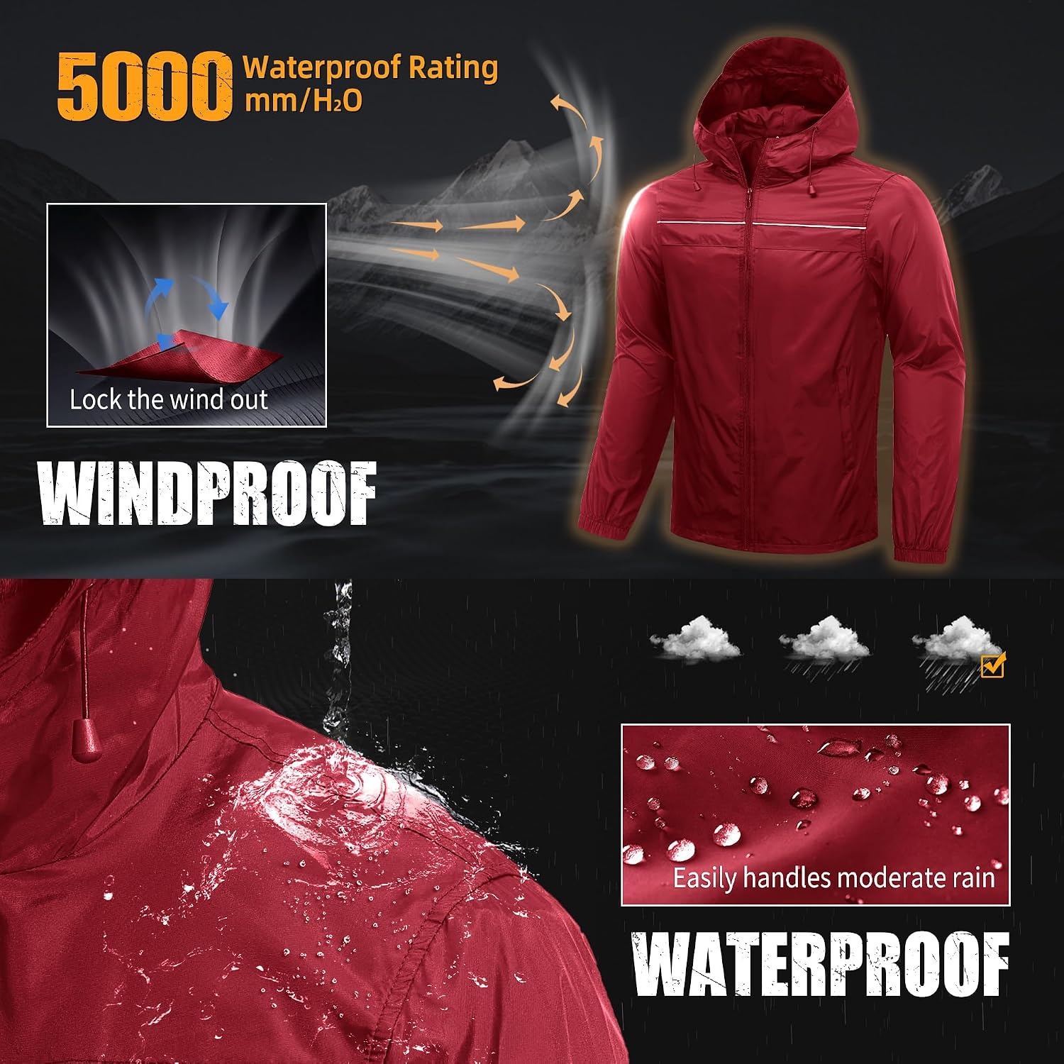 image:imageZITY Mens Rain Jacket Waterproof Lightweight Rain Coat Packable WindbreakerRed
