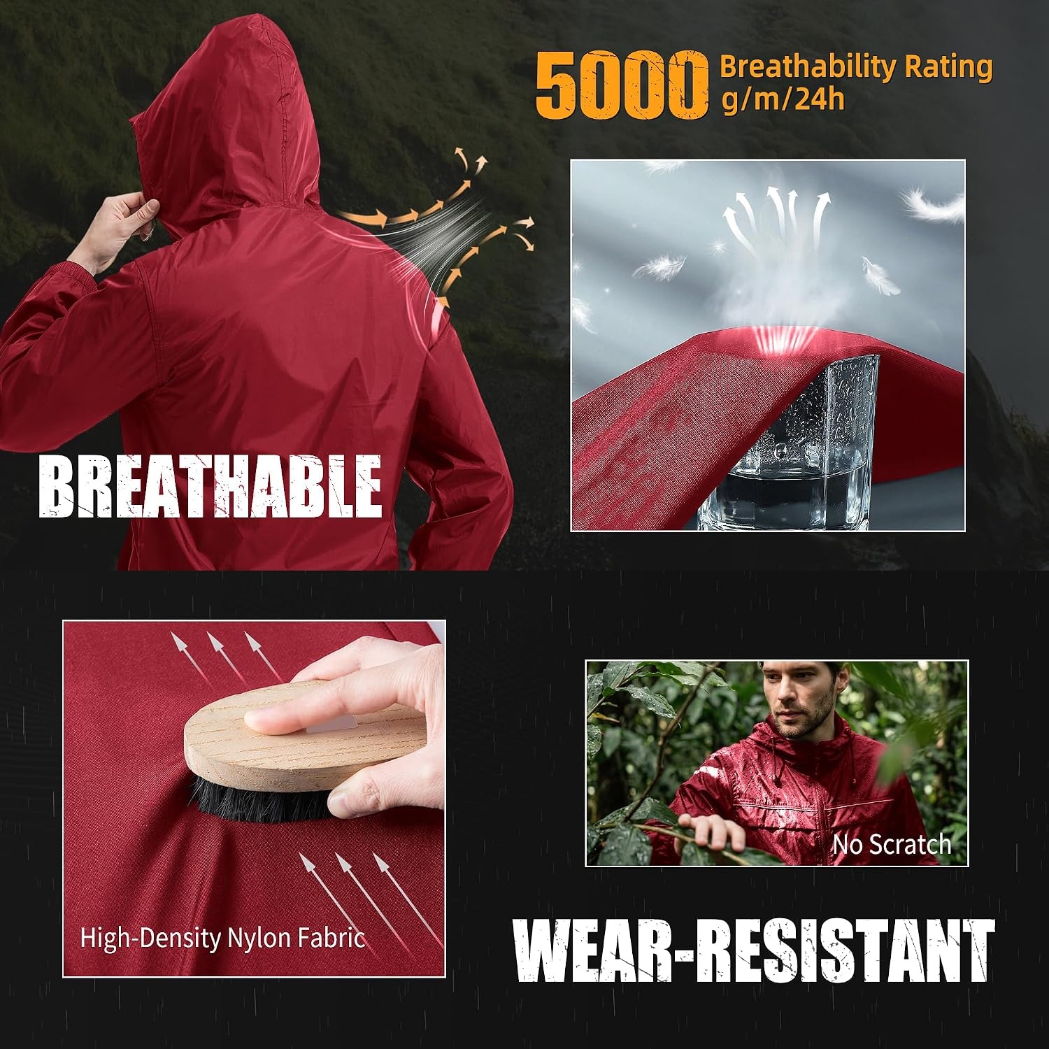 image:imageZITY Mens Rain Jacket Waterproof Lightweight Rain Coat Packable WindbreakerRed